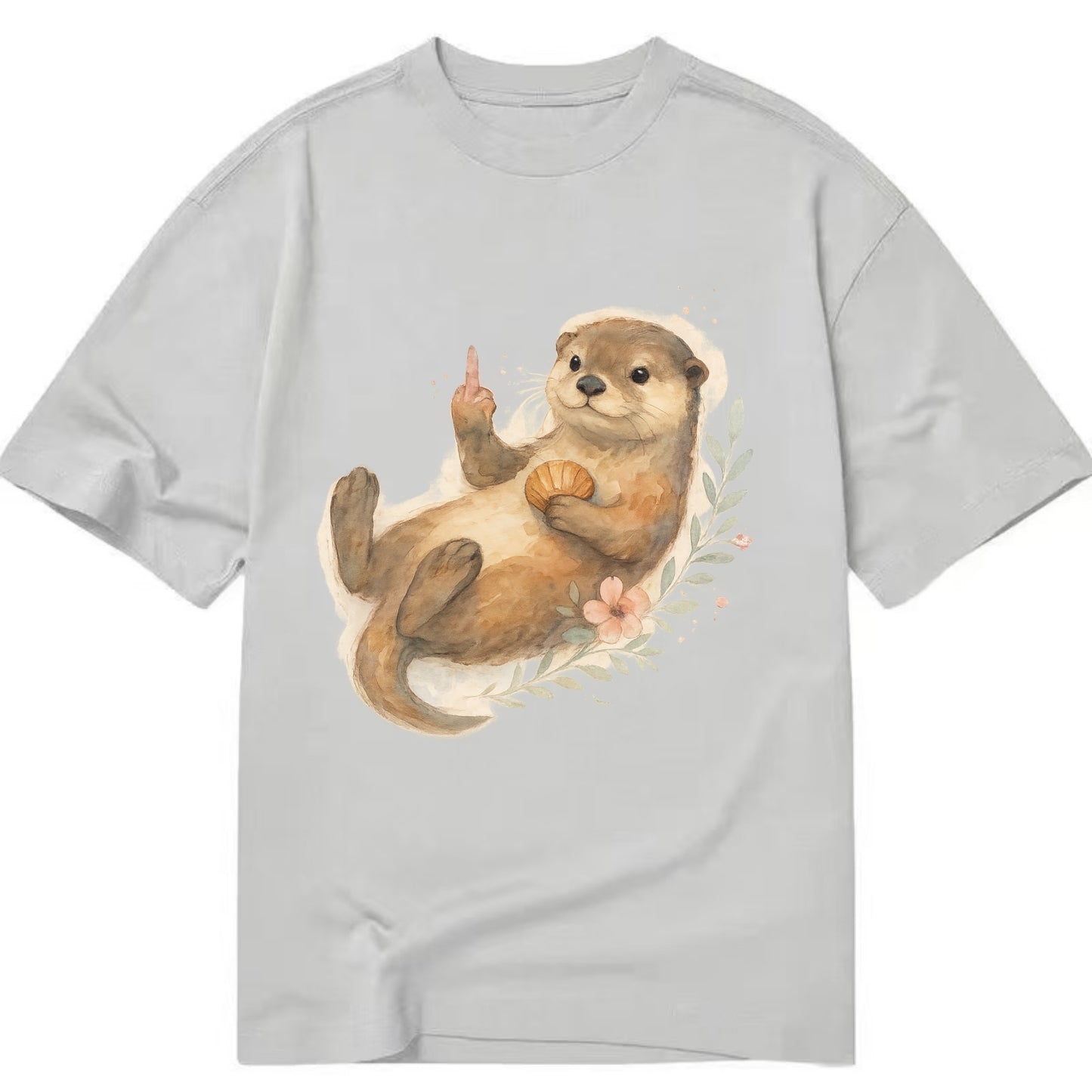 adorable otter floating on back, middle finger up while holding a shellfish - Classic T-shirt - Grey