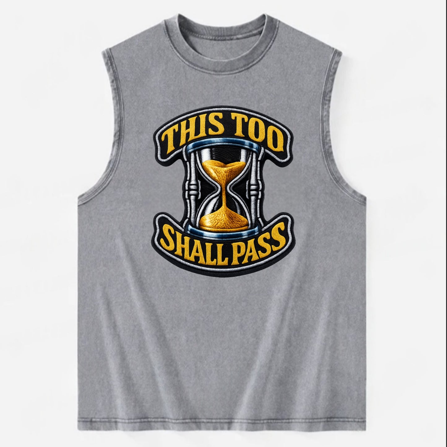 THIS TOO SHALL PASS - hourglass with text in gold , perspective - Vintage Washed Tank - Grey