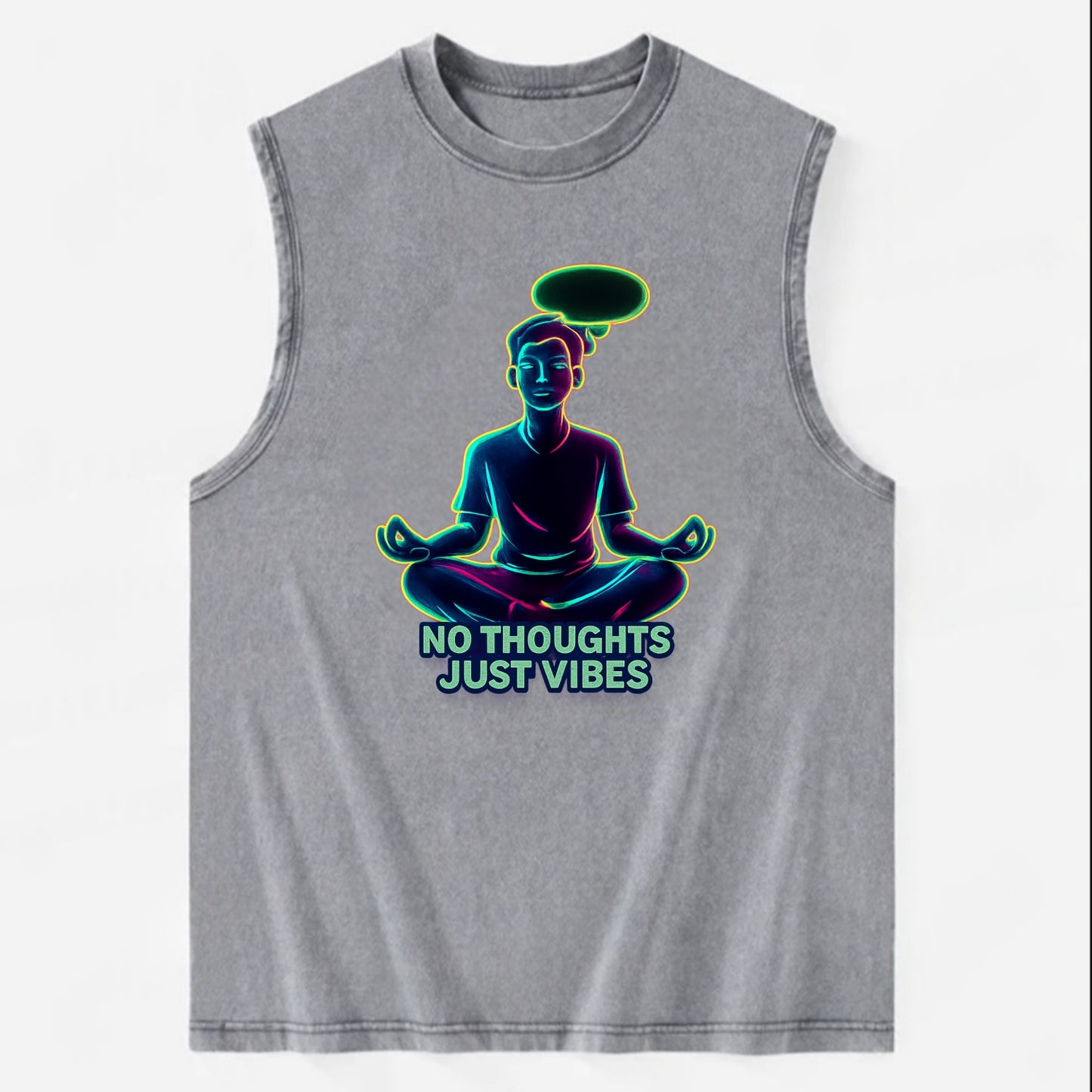 Peaceful floating figure with empty thought bubble - "no thoughts just vibes" - Vintage Washed Tank - Grey