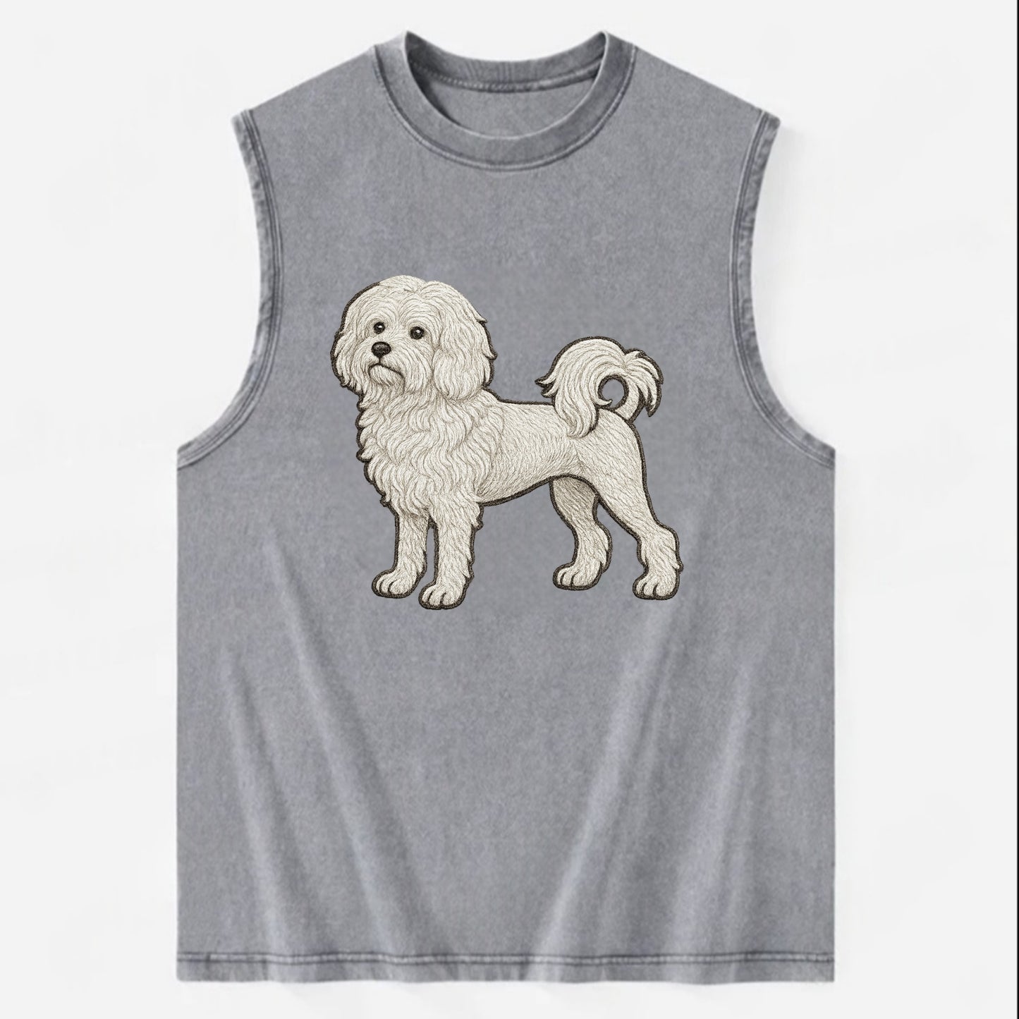 Löwchen - Little Lion Dog white embroidered pose - Vintage Washed Tank - Grey