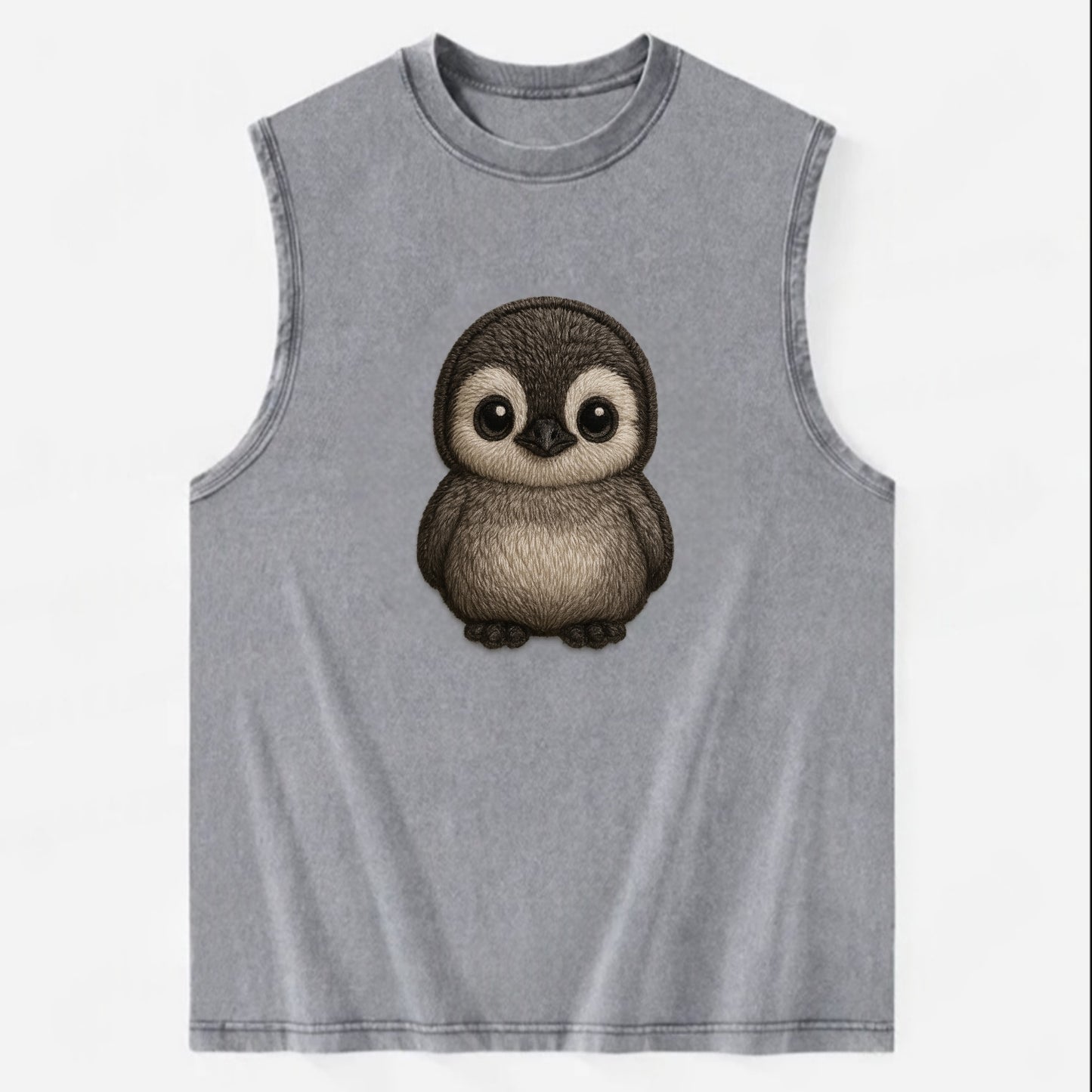 Baby Penguin Chick - gray fluffy, white face, round body, front-facing, - Vintage Washed Tank - Grey