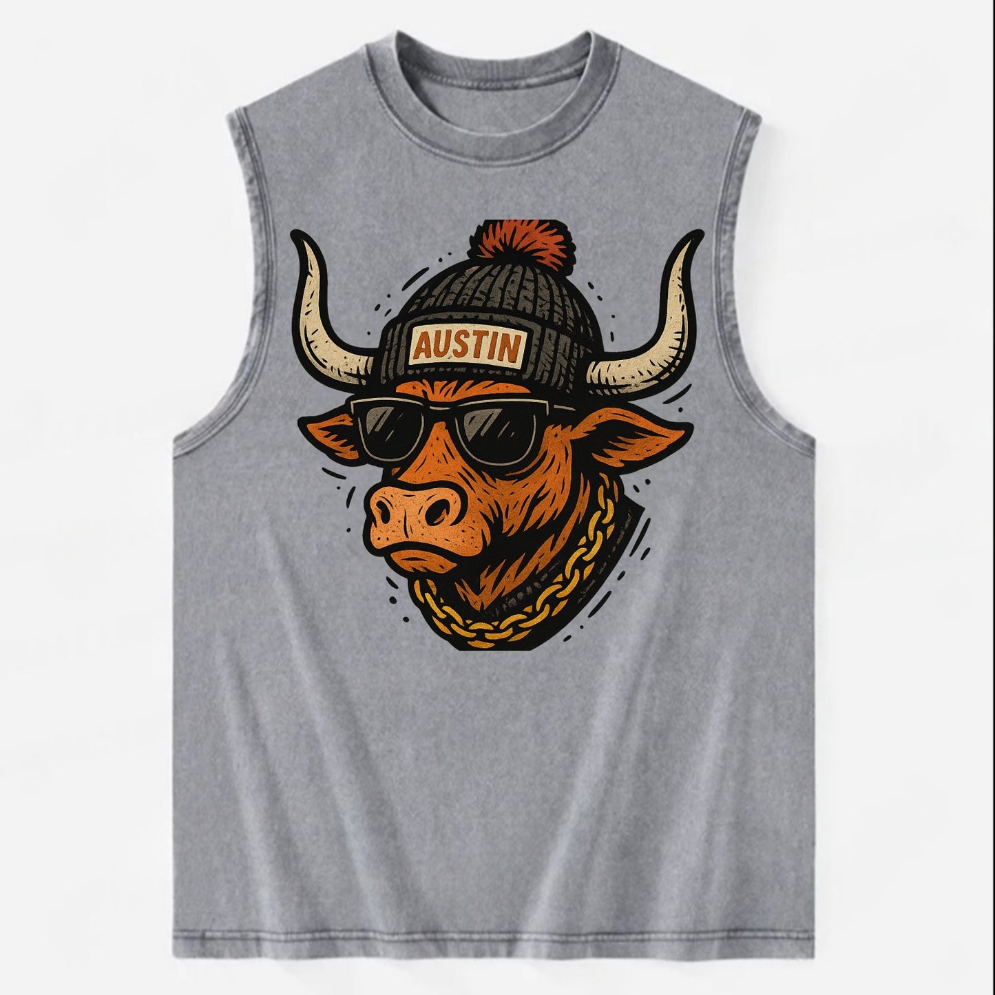 Texas Longhorn wearing Austin beanie with pom pom and wayfarer sunglasses - Vintage Washed Tank - Grey