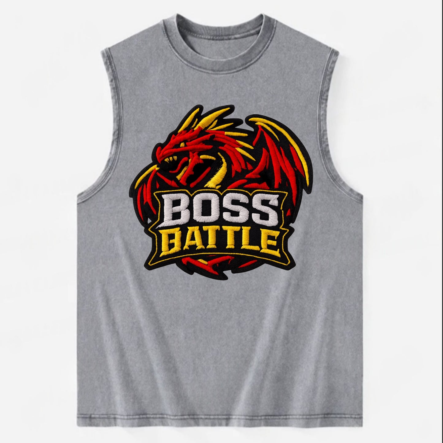 BOSS BATTLE - dragon silhouette in red and gold , raid - Vintage Washed Tank - Grey