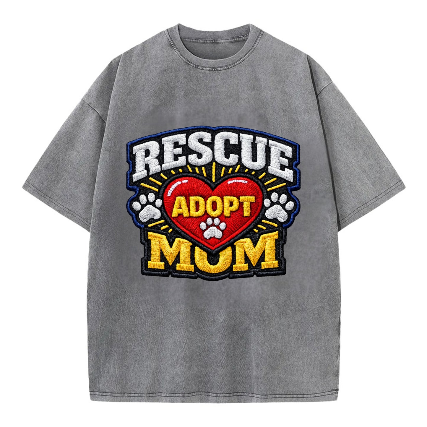 RESCUE MOM - heart with ADOPT text in red , shelter advocate - Vintage T-shirt - Grey