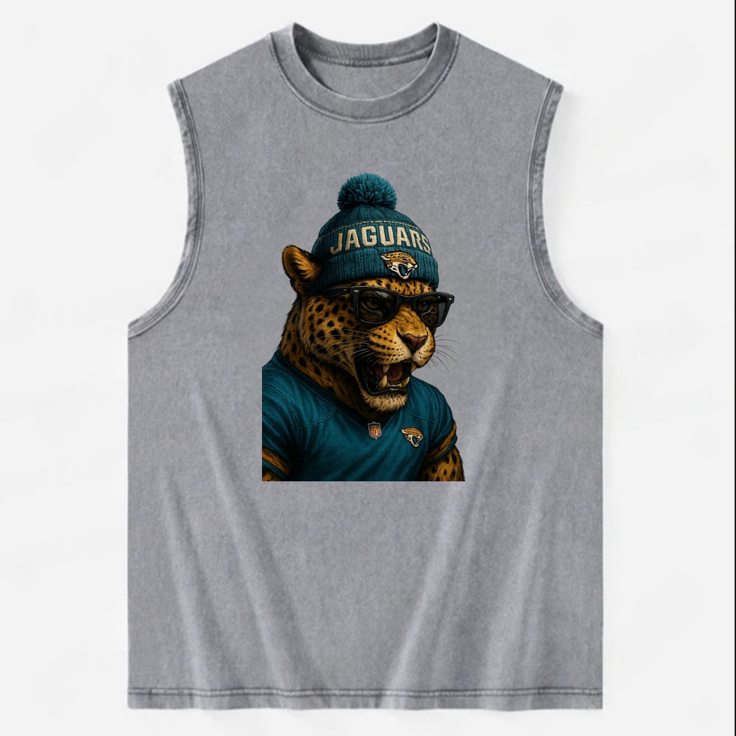 Jacksonville Jaguar wearing Jaguars teal and gold beanie with pom pom and - Vintage Washed Tank - Grey