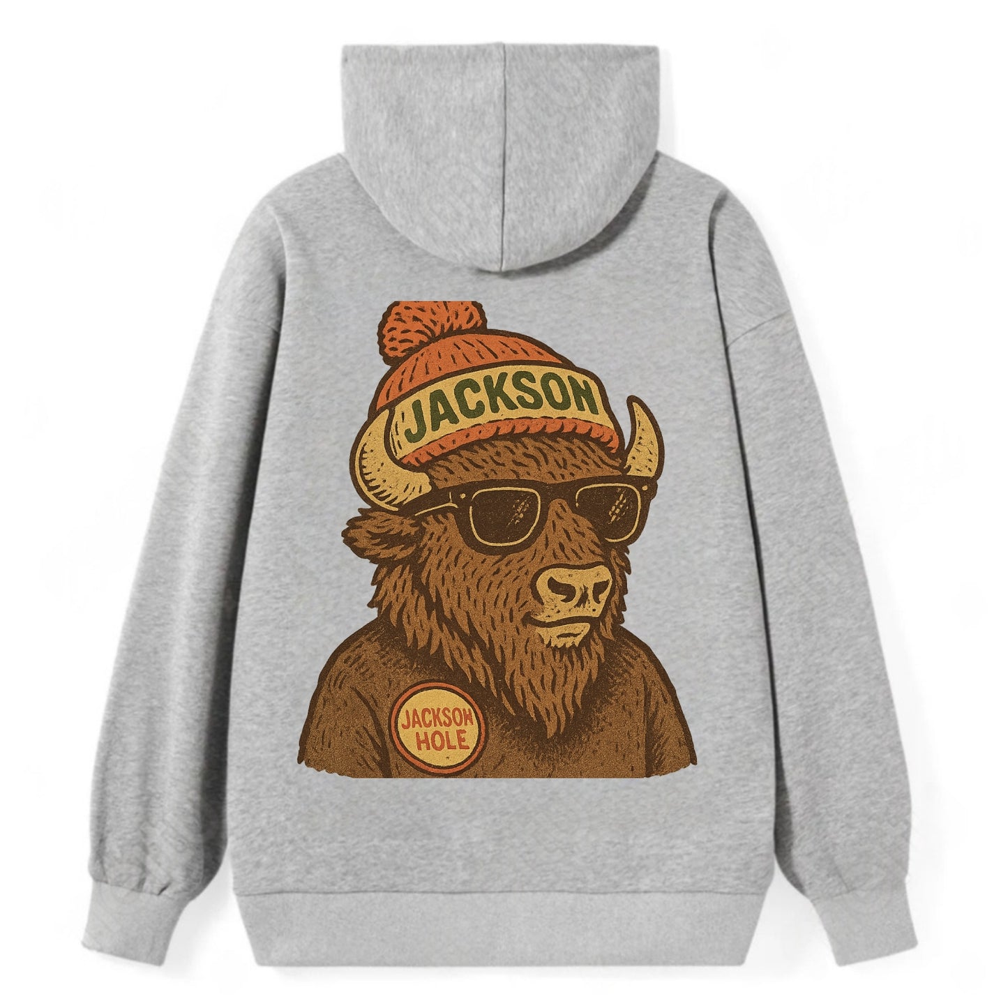 Jackson Hole Bison wearing Jackson beanie with pom pom and wayfarer - Classic Pullover Hoodie - Grey