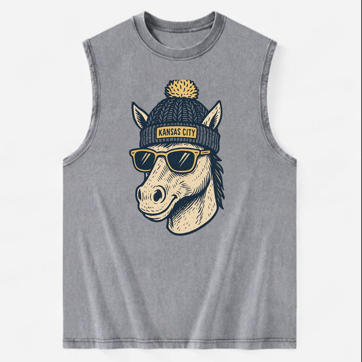 Missouri Mule wearing Kansas City beanie with pom pom and wayfarer sunglasses - Vintage Washed Tank - Grey