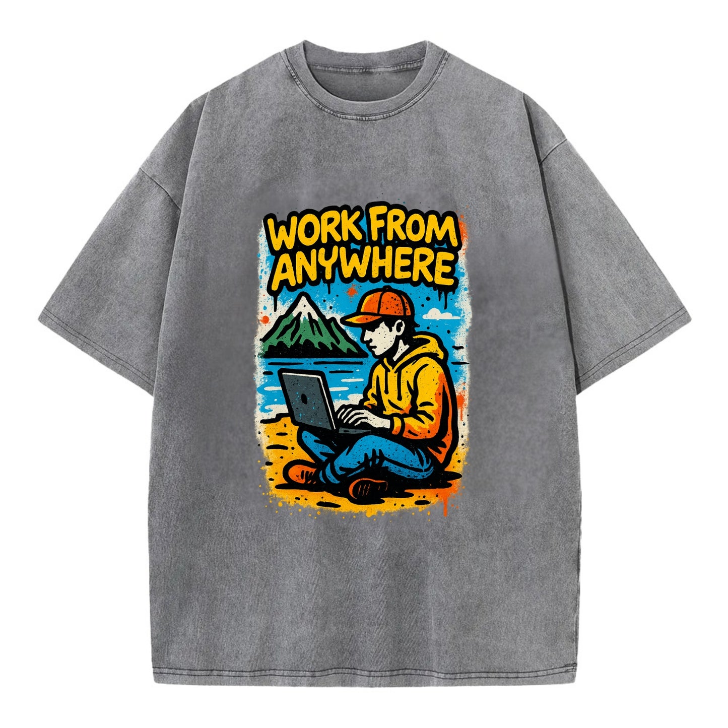 Digital nomad with laptop on beach/mountain - work from anywhere lifestyle, - Vintage T-shirt - Grey