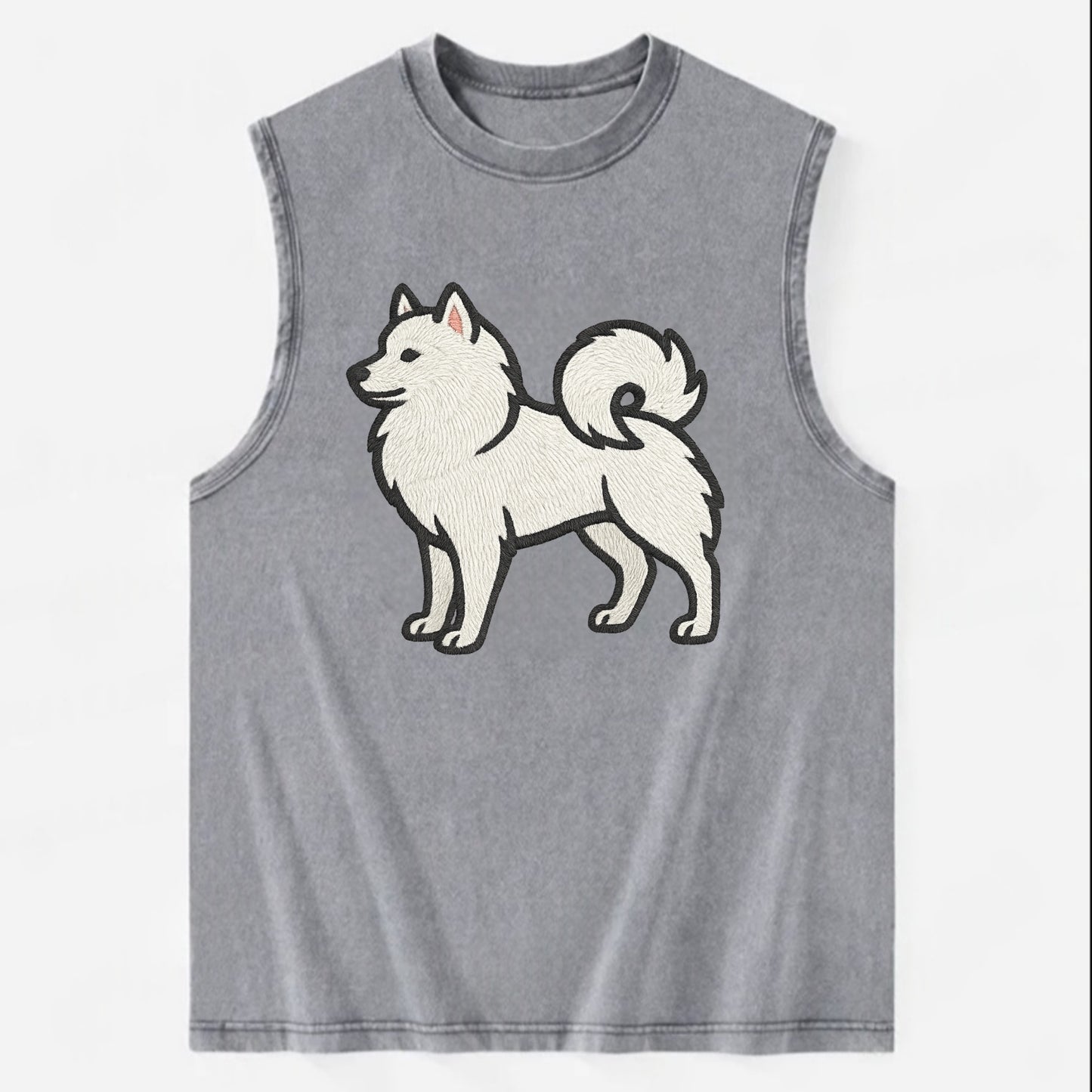 American Eskimo Dog - White spitz embroidered standing design - Vintage Washed Tank - Grey