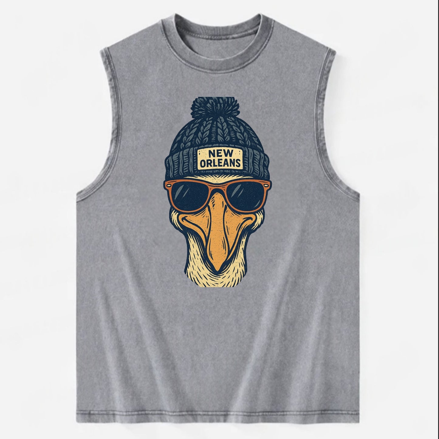 New Orleans Pelican wearing New Orleans beanie with pom pom and wayfarer - Vintage Washed Tank - Grey