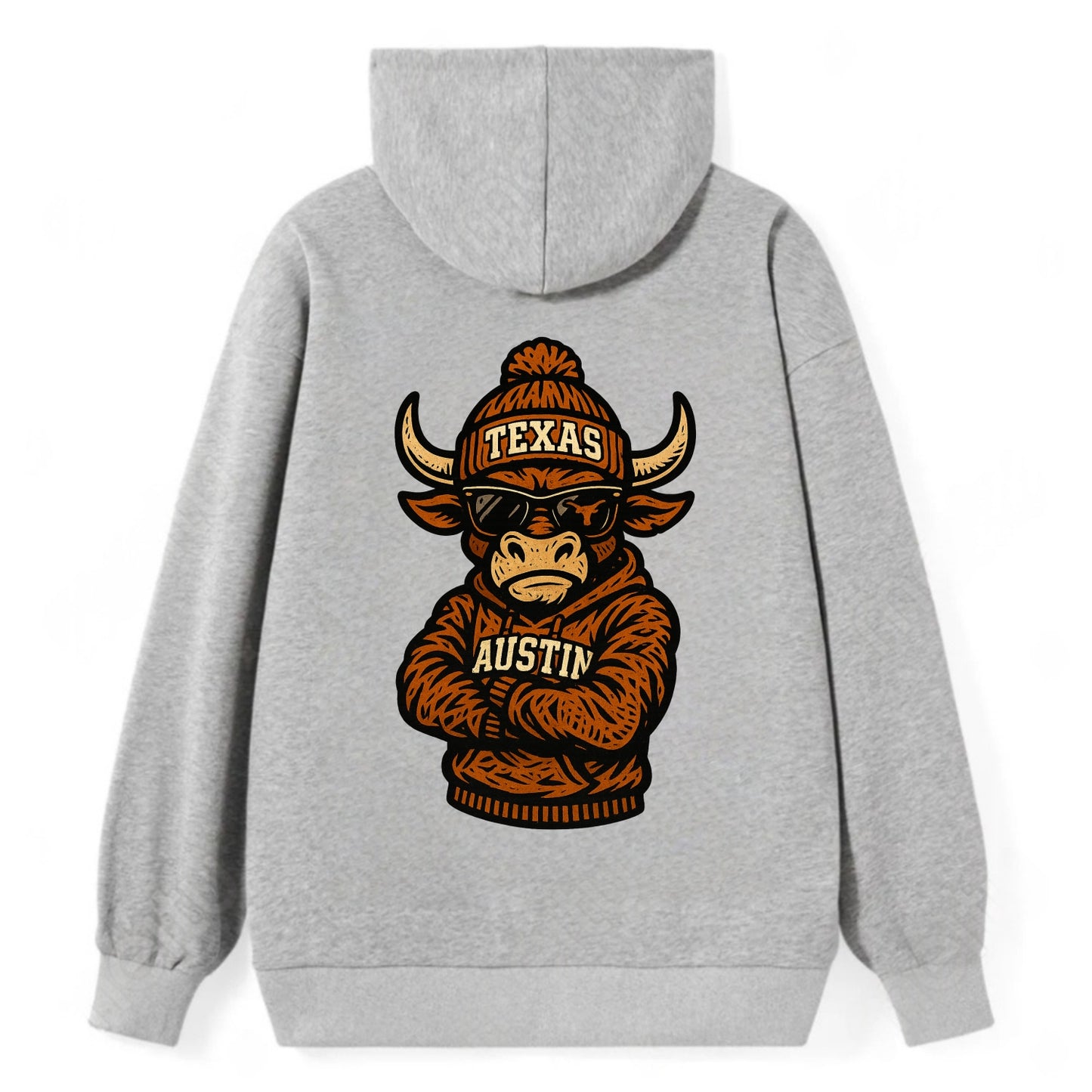 Austin Bevo wearing Texas beanie with longhorn patch - Classic Pullover Hoodie - Grey