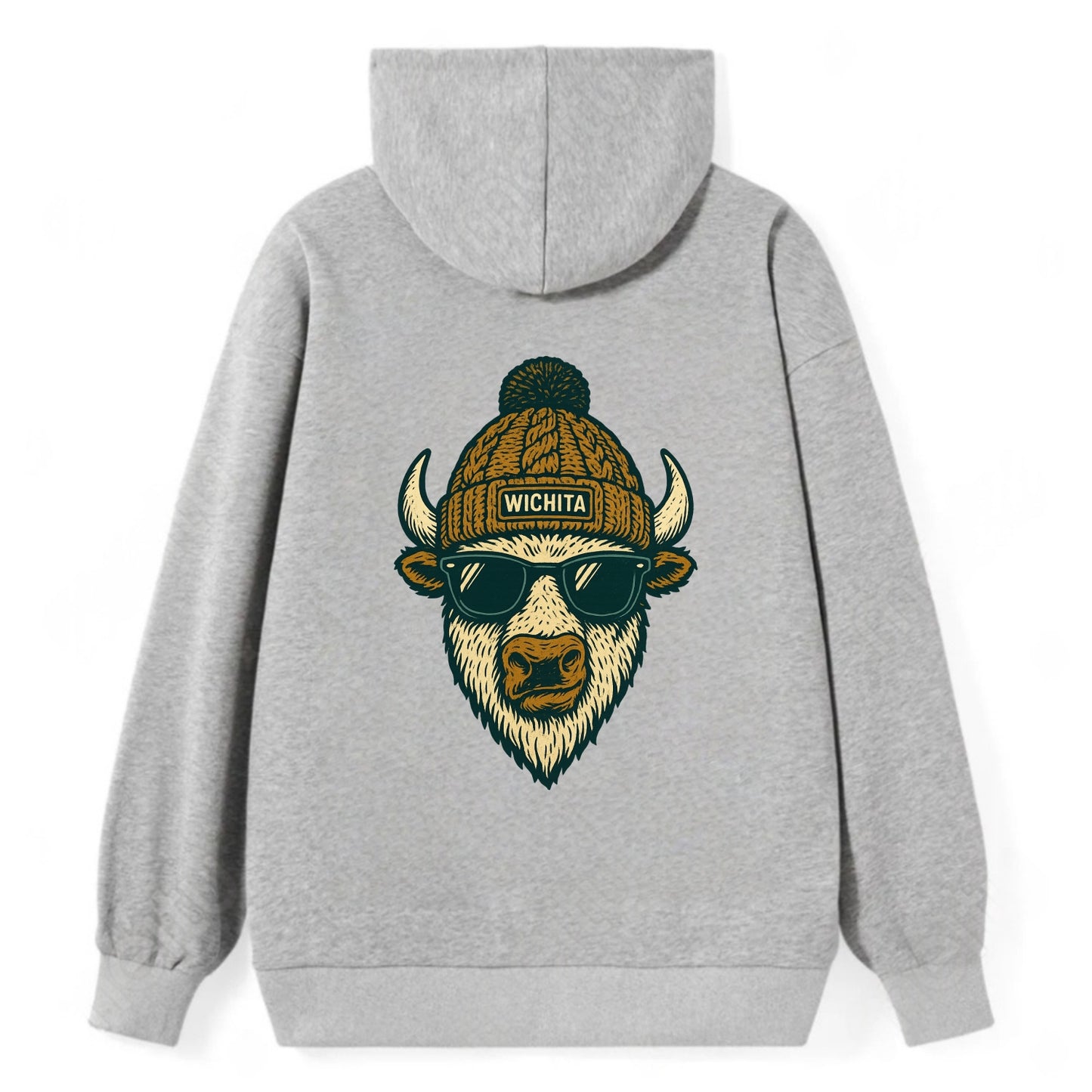 Kansas American Bison wearing Wichita beanie with pom pom and wayfarer - Classic Pullover Hoodie - Grey