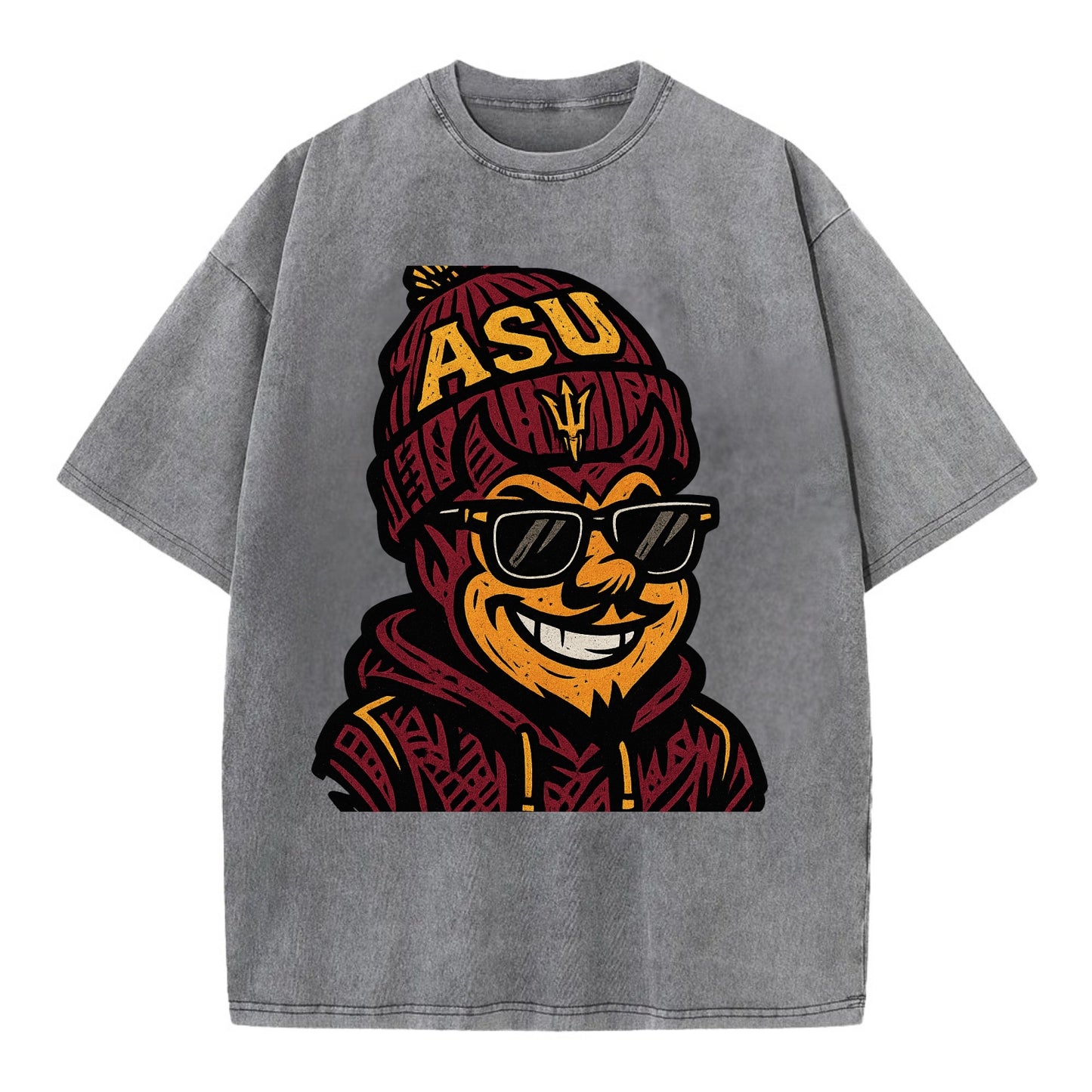 Tempe Sparky wearing Arizona State beanie with fork patch - Vintage T-shirt - Grey
