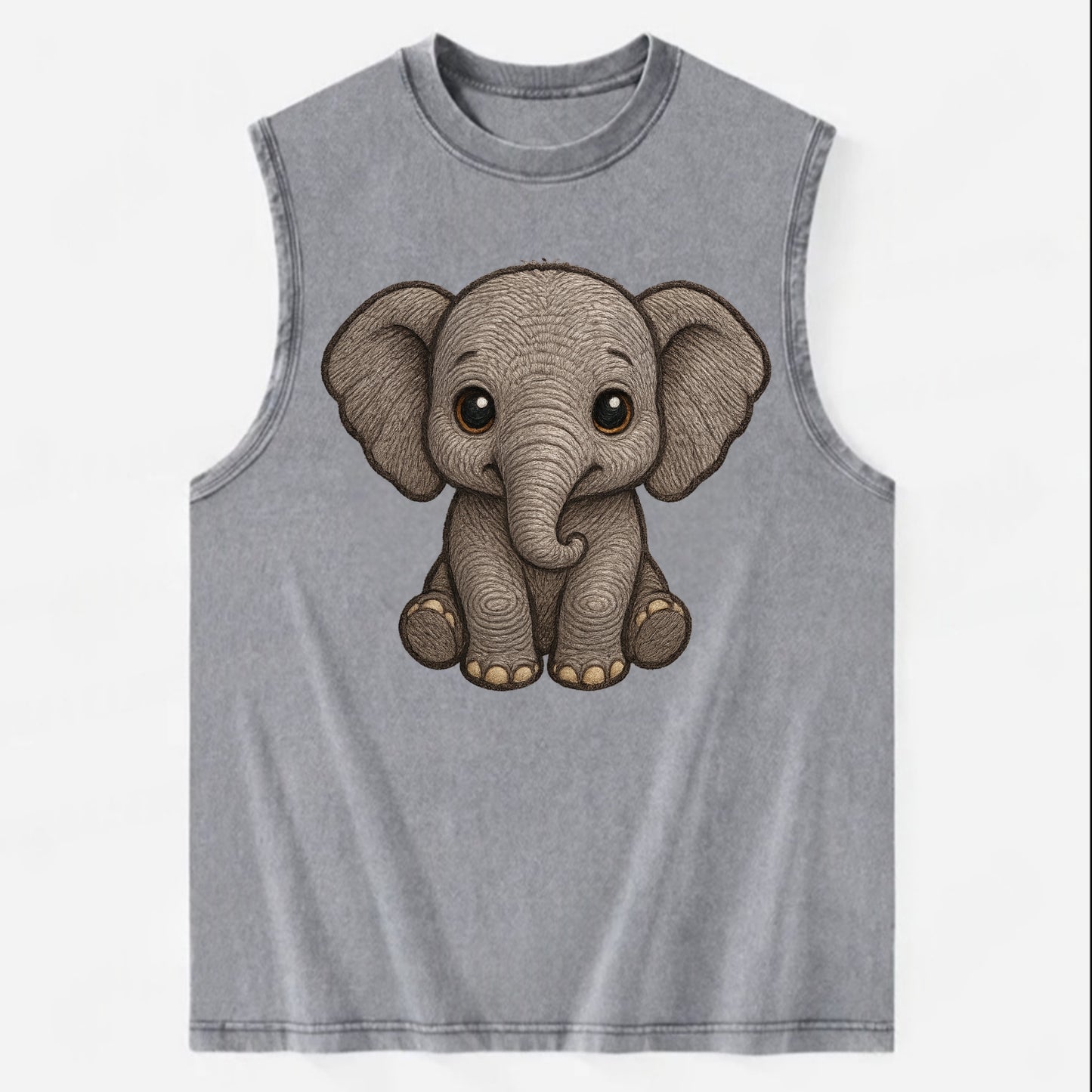 Baby Elephant - gray wrinkly, tiny trunk, large floppy ears, kind dark eyes, - Vintage Washed Tank - Grey