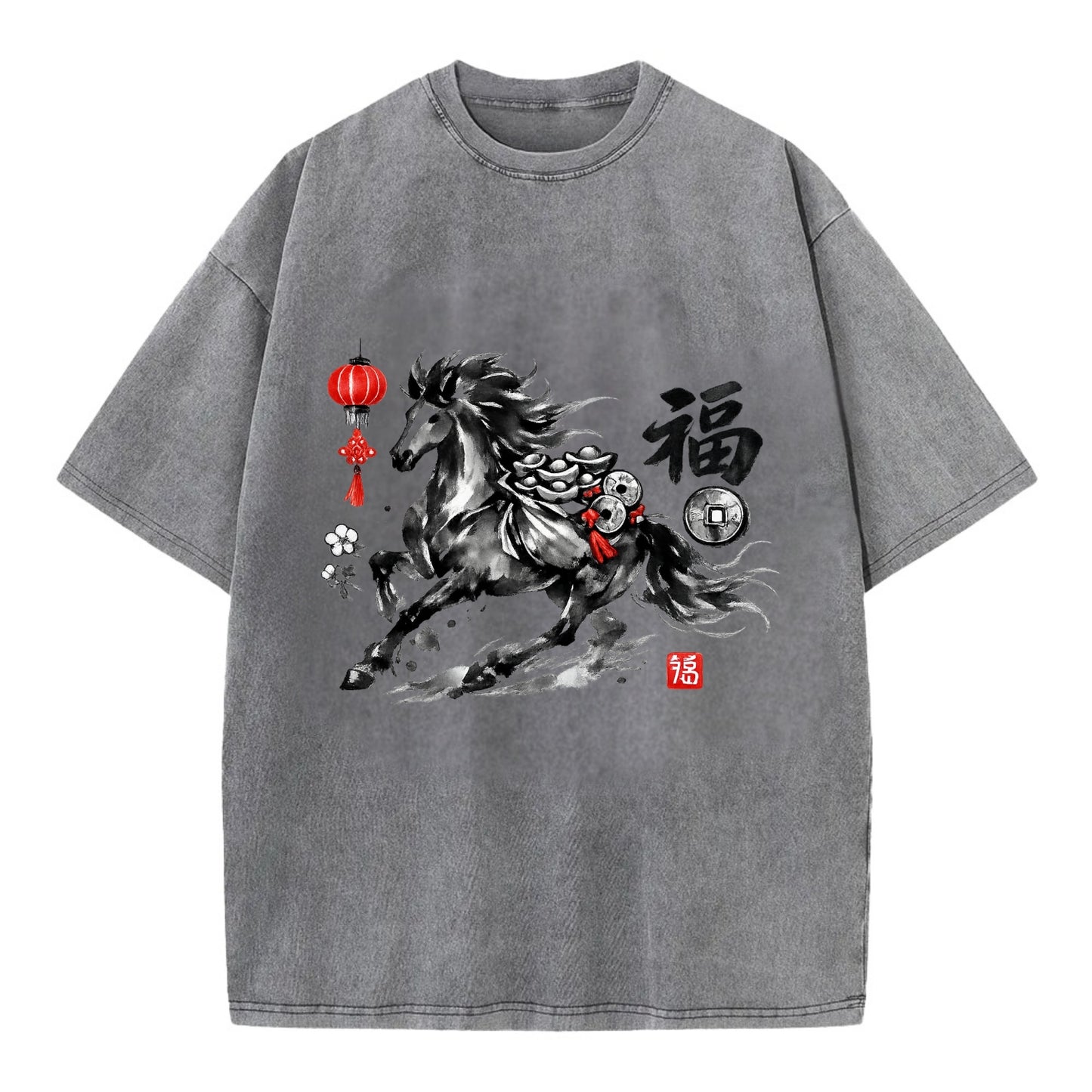 PROSPERITY HORSE | Horse carrying gold ingots and coins | Chinese knot - Vintage T-shirt - Grey
