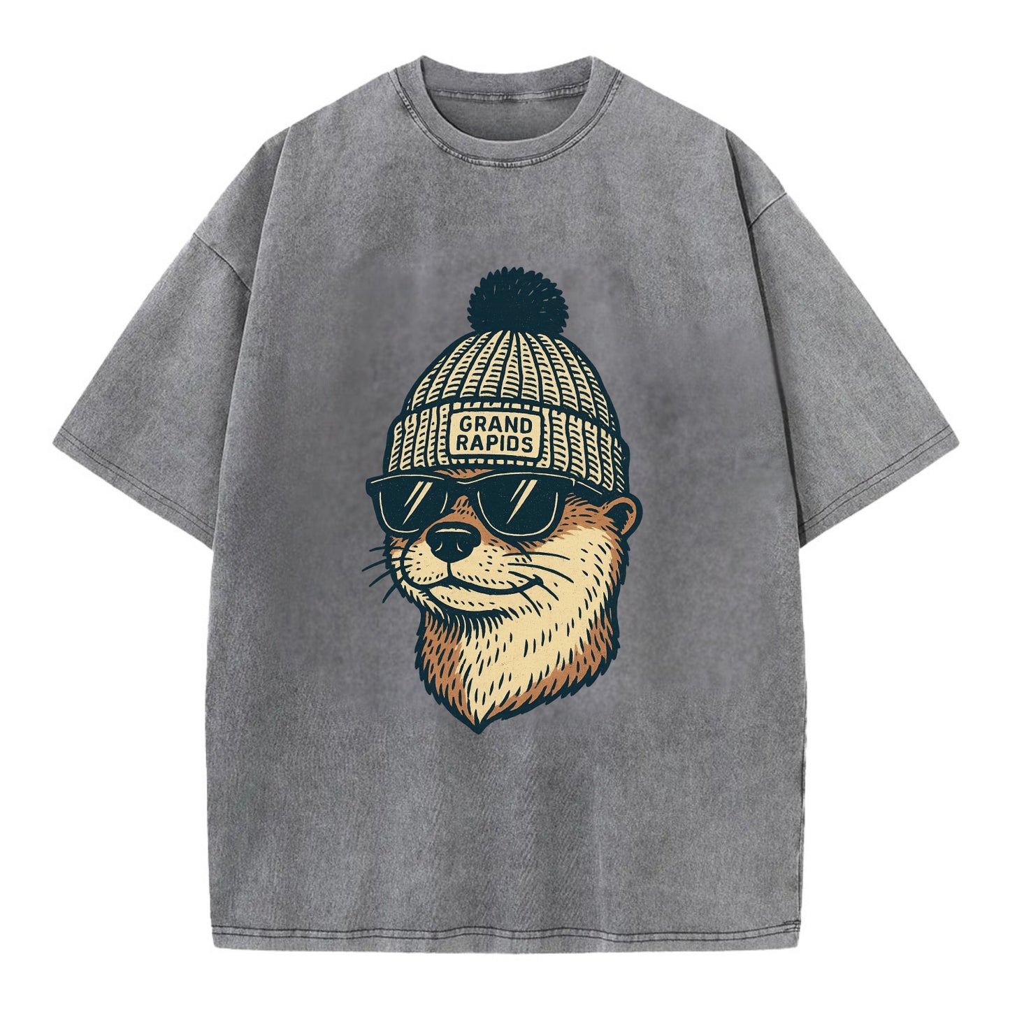 Grand Rapids River Otter wearing Grand Rapids beanie with pom pom and wayfarer - Vintage T-shirt - Grey