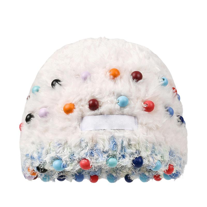 Fuzzy Knitted Beanie with Colorful Beads - Face-Flattering Winter Hat - Unisex Cute Headwrap Cap