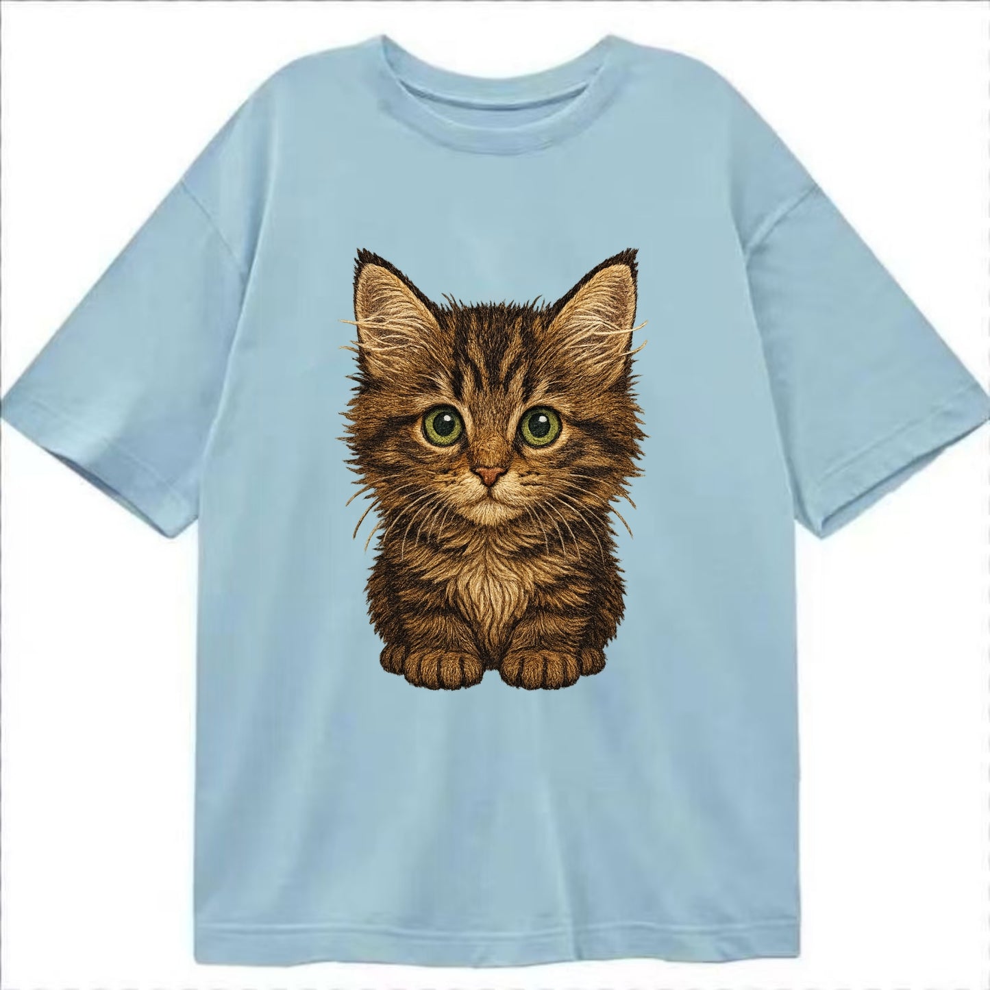 Baby Maine Coon Kitten - large fluffy tabby, tufted ears, big green eyes, - Classic T-shirt - Light Blue