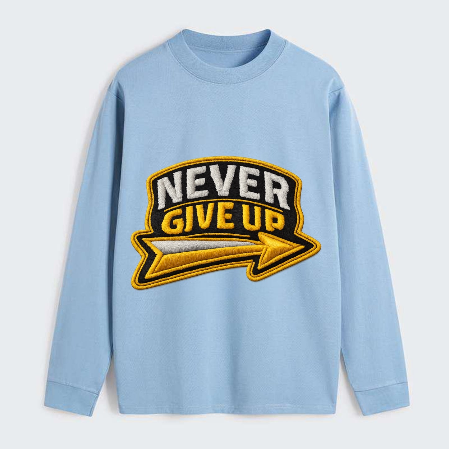 NEVER GIVE UP - bold text with arrow in gold , determination - Classic Long Sleeve Shirt - Light Blue