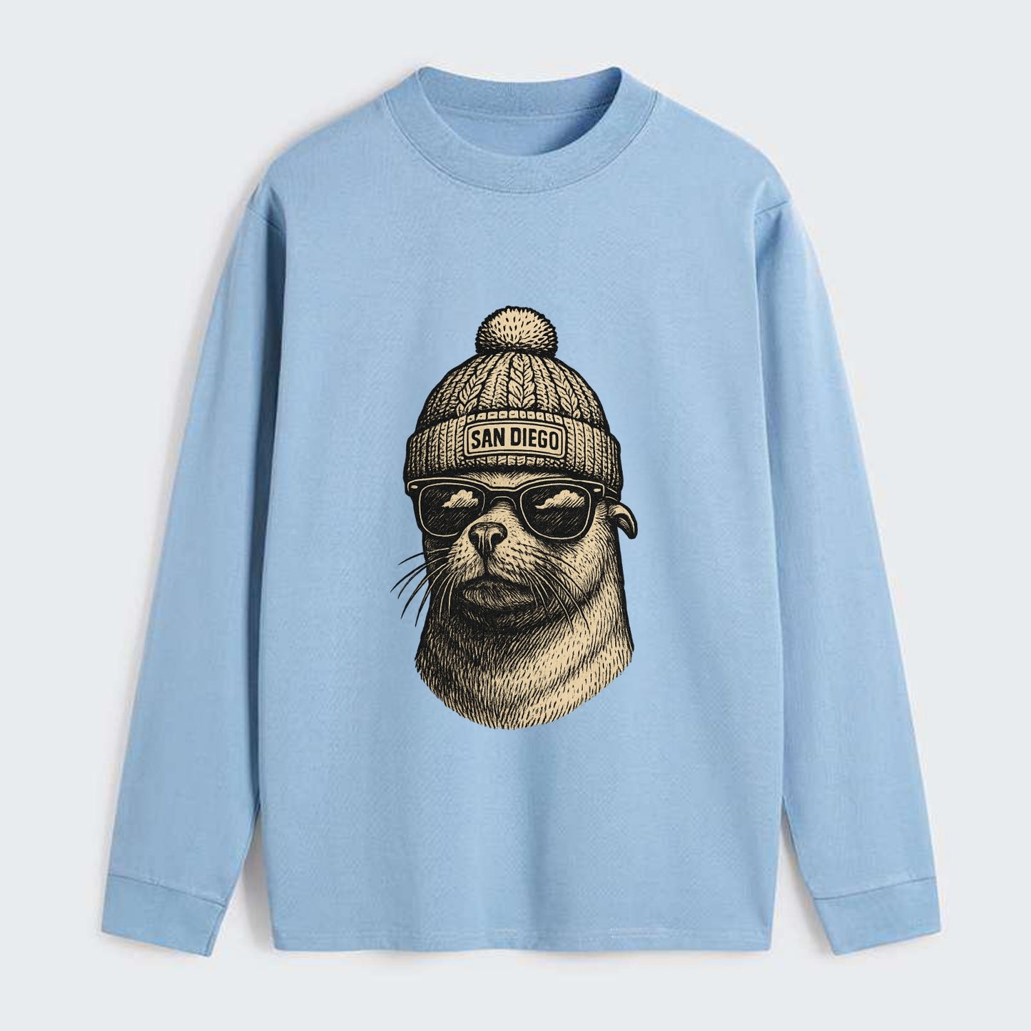 San Diego Sea Lion wearing San Diego beanie with pom pom and wayfarer - Classic Long Sleeve Shirt - Light Blue