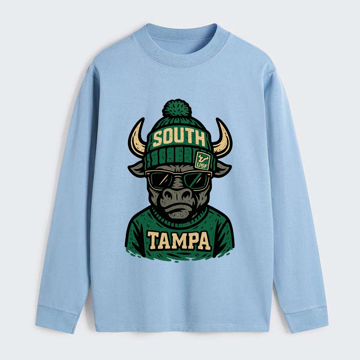 Tampa Bull wearing South Florida beanie with USF patch - Classic Long Sleeve Shirt - Light Blue
