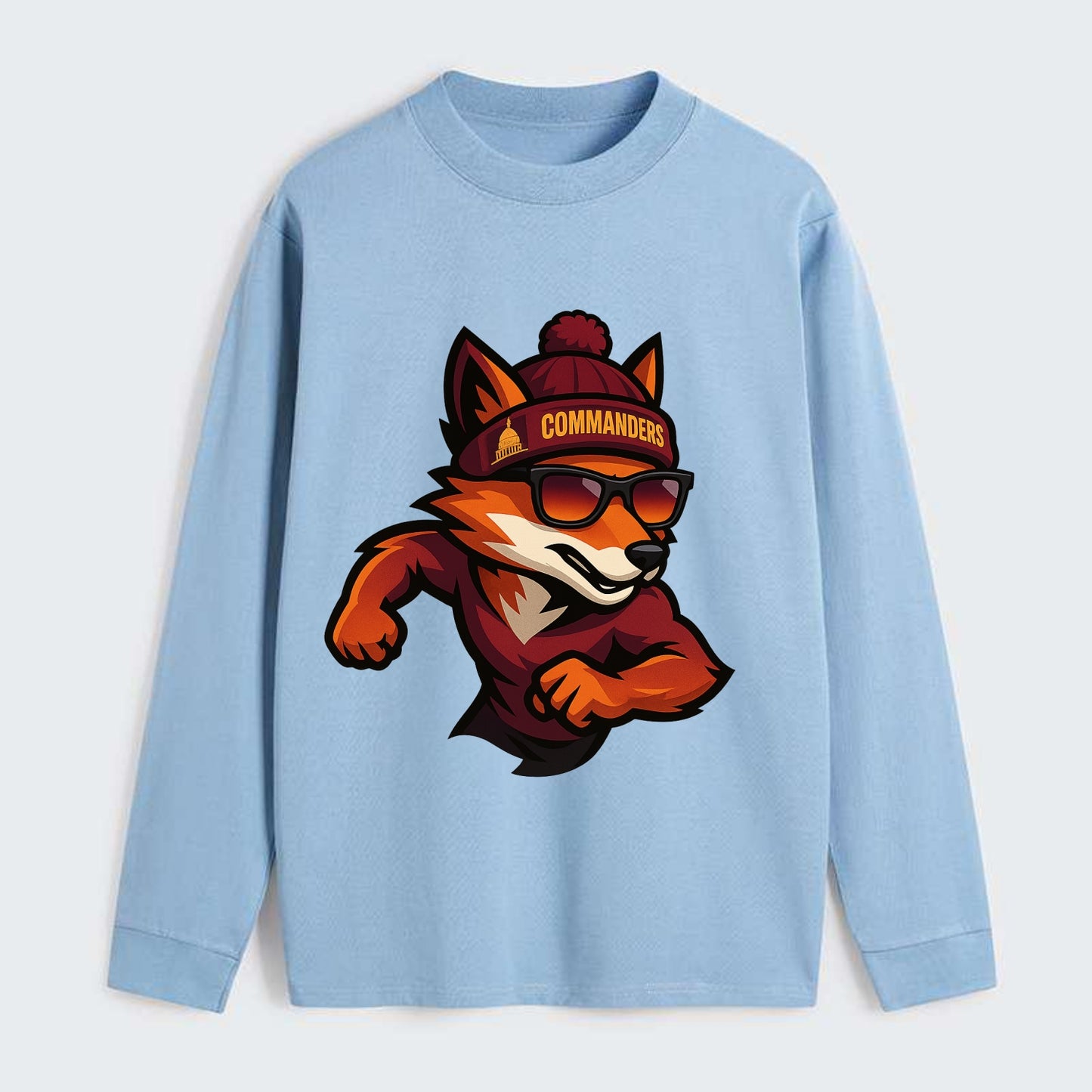 Washington Fox wearing Commanders beanie with Capitol patch and - Classic Long Sleeve Shirt - Light Blue