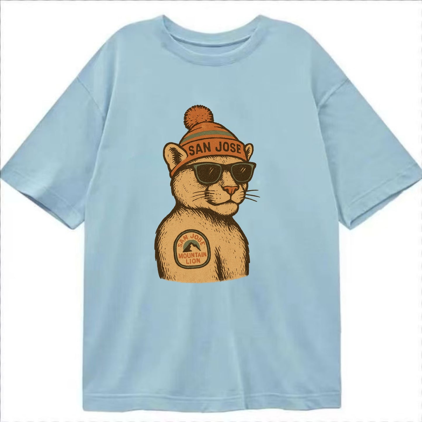 San Jose Mountain Lion wearing San Jose beanie with pom pom and wayfarer - Classic T-shirt - Light Blue