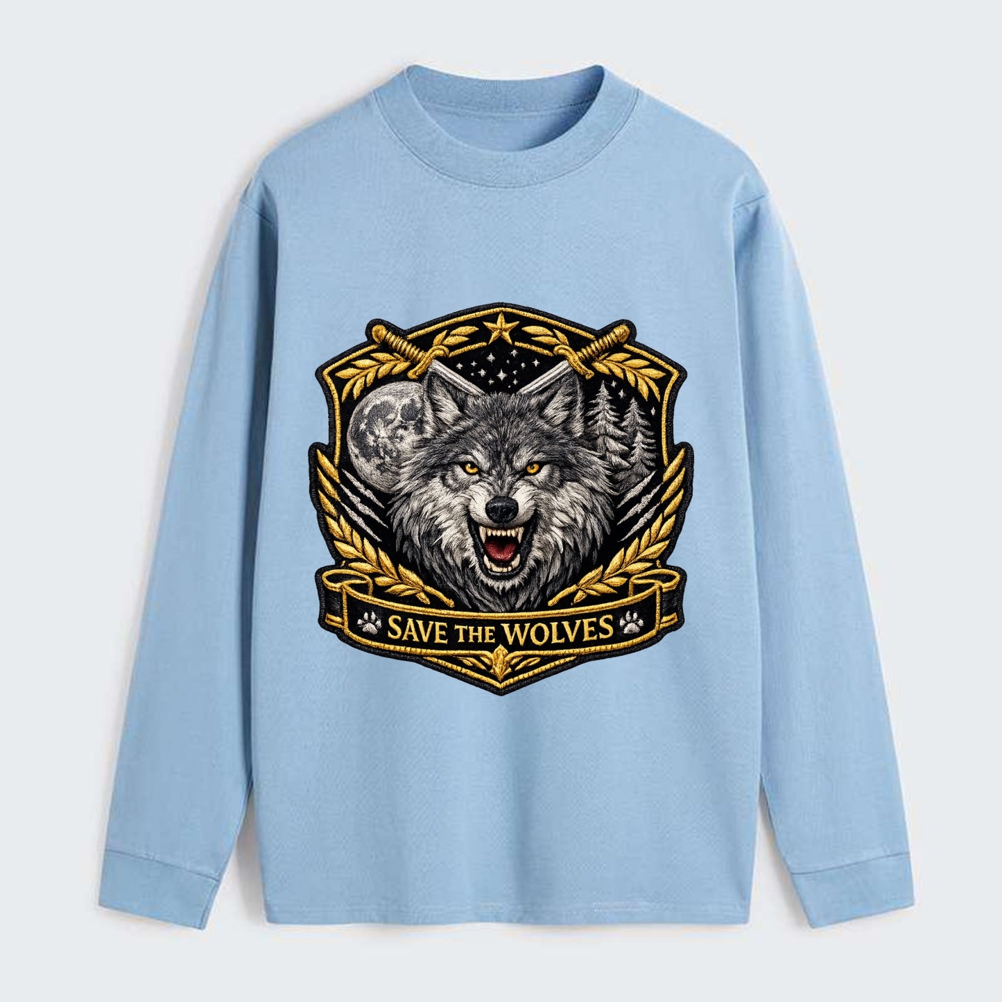 SAVE THE WOLVES - wolf moon in gray , predator protection - Classic Long Sleeve Shirt - Light Blue