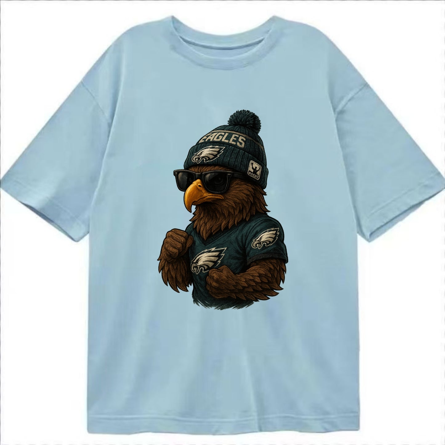 Philly Hawk wearing Eagles beanie with Rocky patch and wayfarer sunglasses - Classic T-shirt - Light Blue