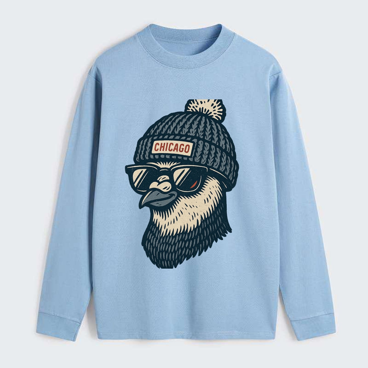 Chicago Pigeon wearing Chicago beanie with pom pom and wayfarer - Classic Long Sleeve Shirt - Light Blue