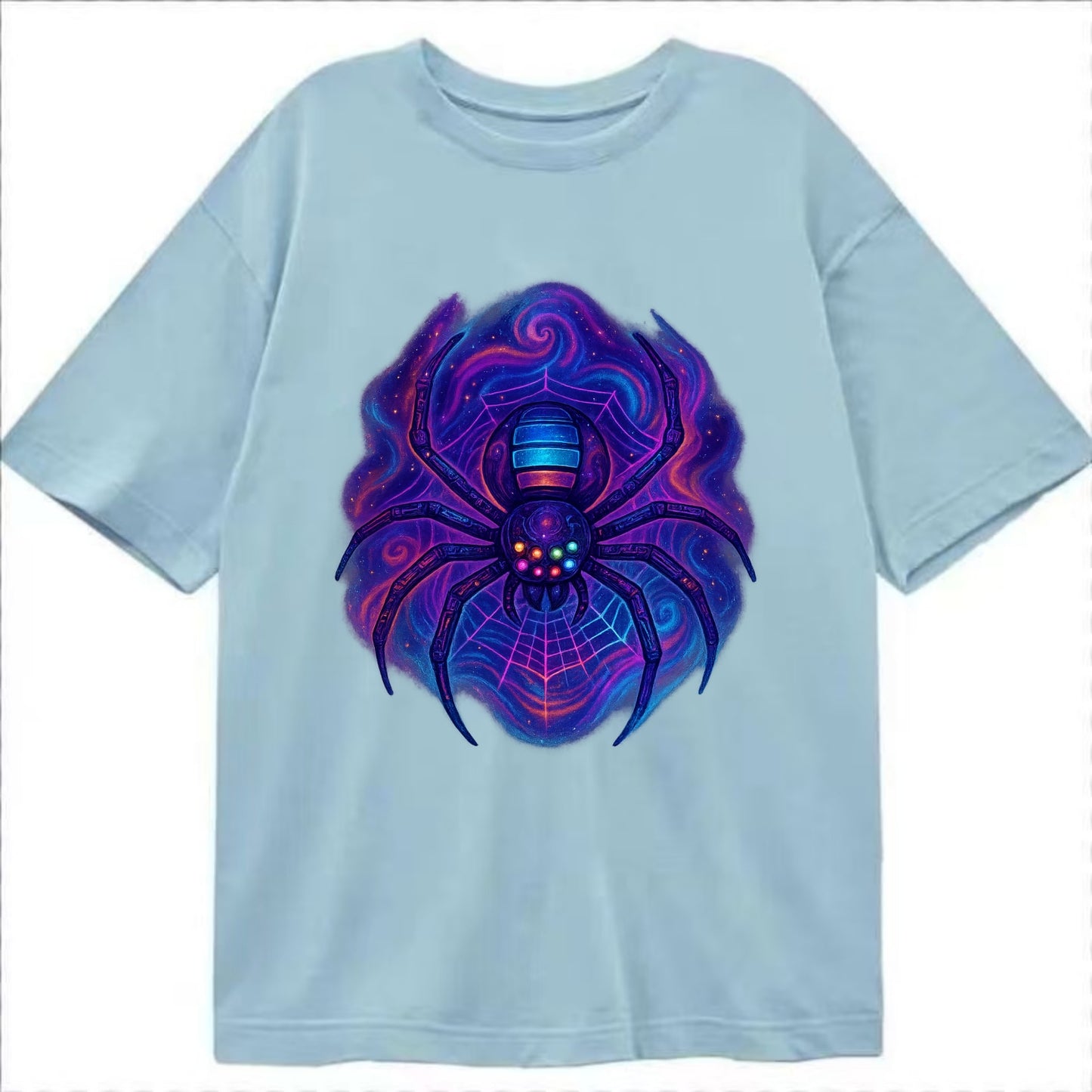 Tech spider with legs showing circuit board patterns, web glowing in neon grid - Classic T-shirt - Light Blue