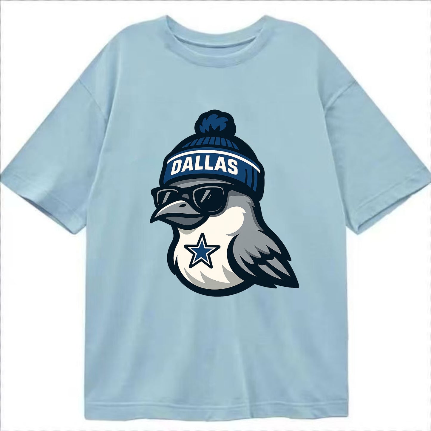 Dallas Mockingbird wearing Cowboys beanie with sheriff star and wayfarer - Classic T-shirt - Light Blue