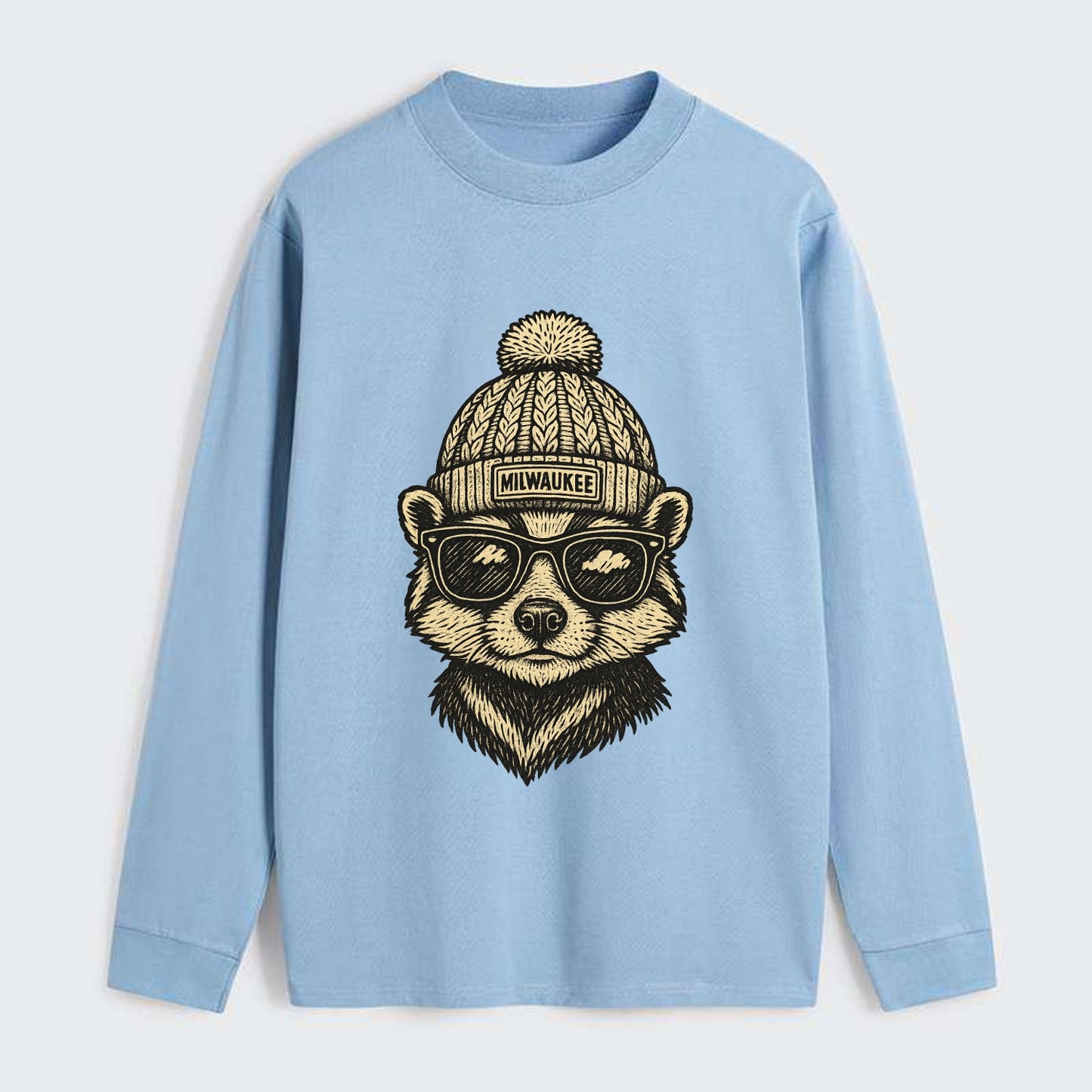 Wisconsin Badger wearing Milwaukee beanie with pom pom and wayfarer - Classic Long Sleeve Shirt - Light Blue