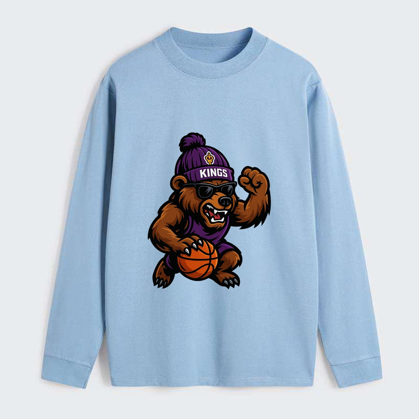 California Grizzly wearing Kings beanie with royal scepter patch and - Classic Long Sleeve Shirt - Light Blue