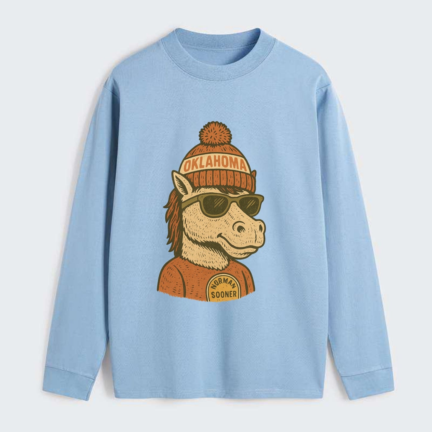 Norman Sooner Horse wearing Oklahoma bea - Classic Long Sleeve Shirt - Light Blue
