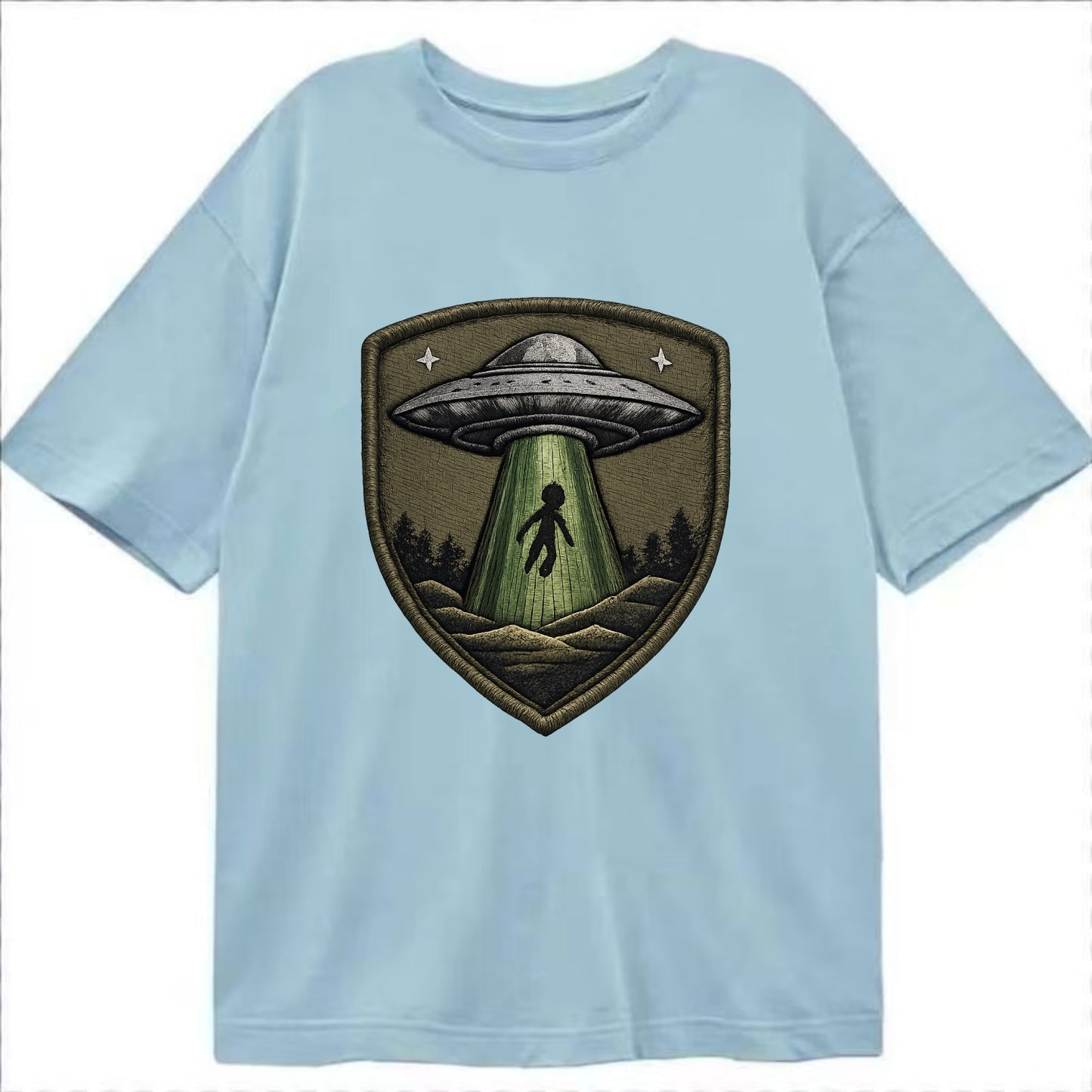 UFO ALIEN - flying saucer with beam in silver and green , extraterrestrial - Classic T-shirt - Light Blue