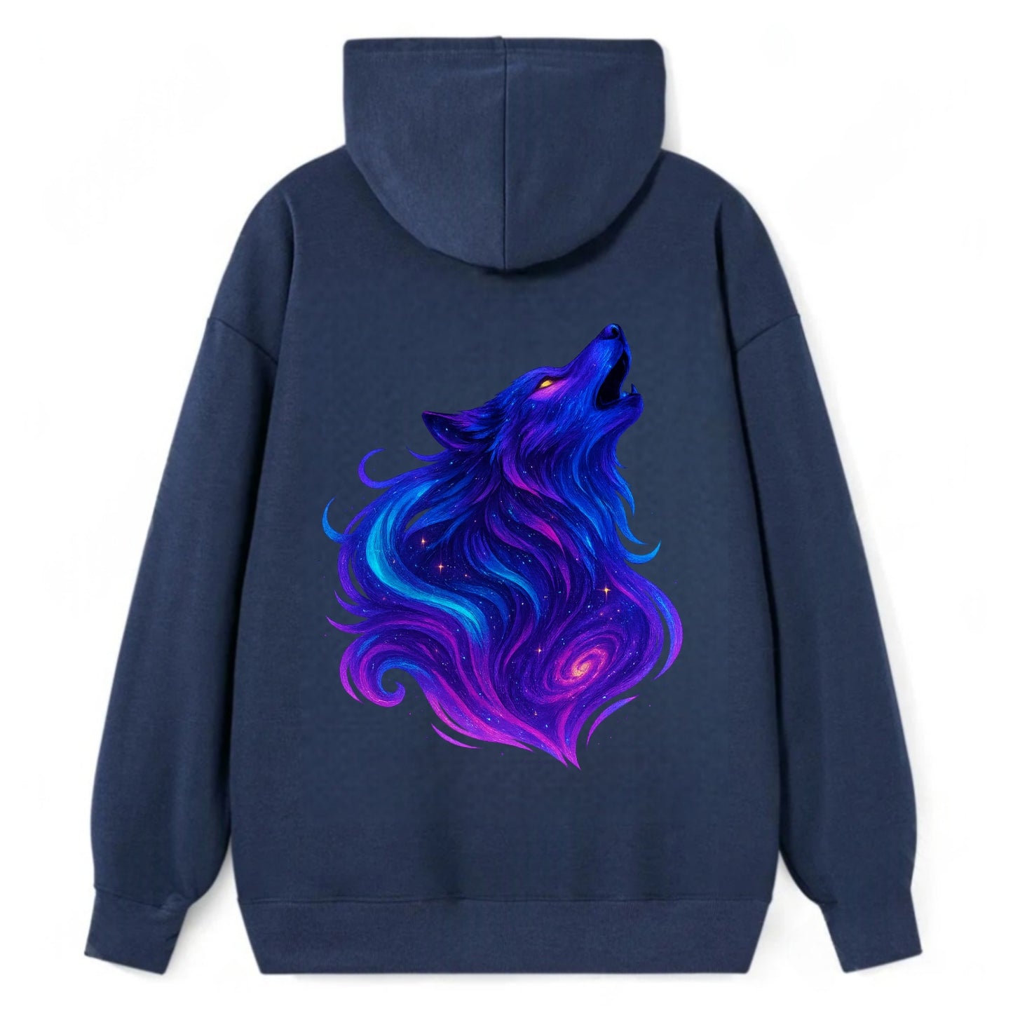 Noble wolf with flowing fur that transforms into aurora borealis streams, - Classic Pullover Hoodie - Navy