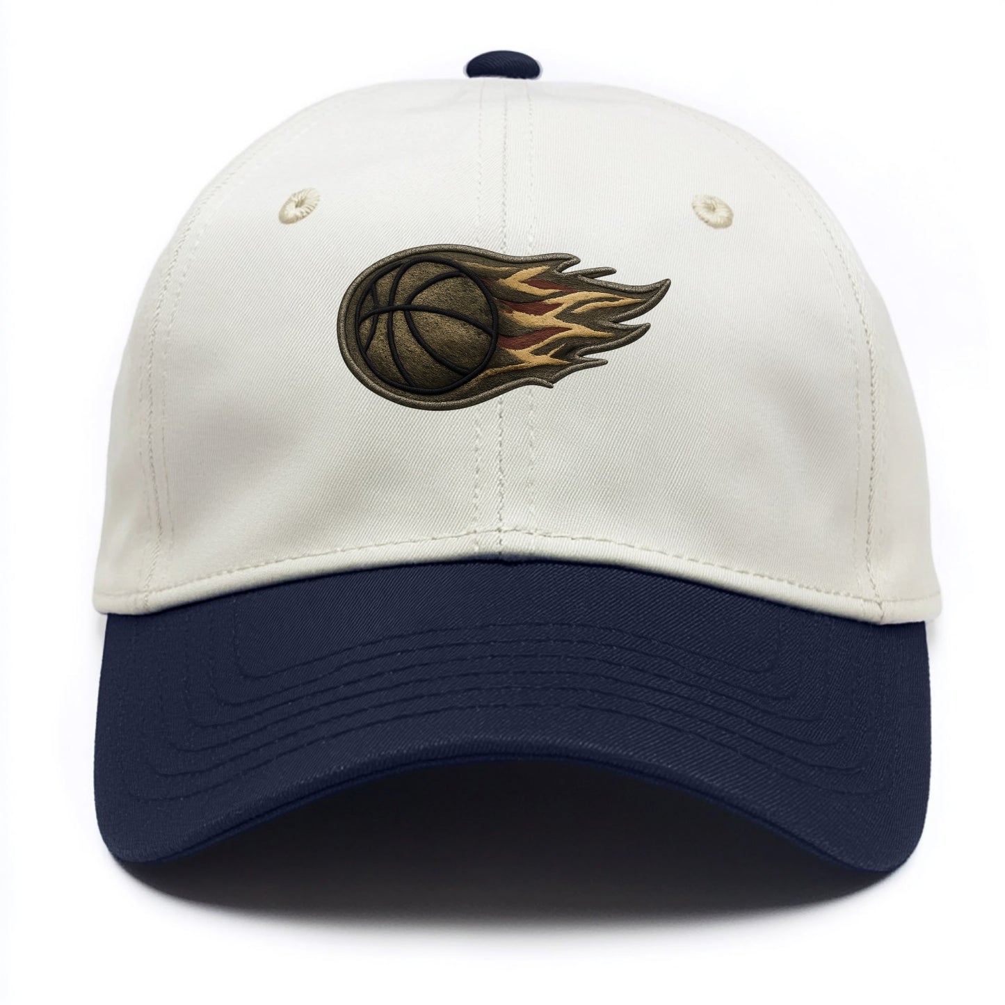 Embroidered patch design - BASKETBALL FLAMING BALL - basketball with flames in - Two Tone Cap - Navy