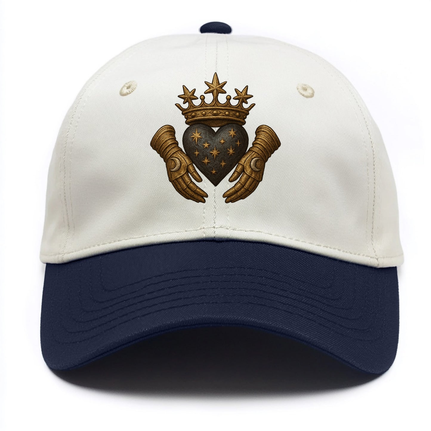Ice crystal crown framing a frosted heart with fur-trimmed winter hands embracing it. - Two Tone Cap - Navy