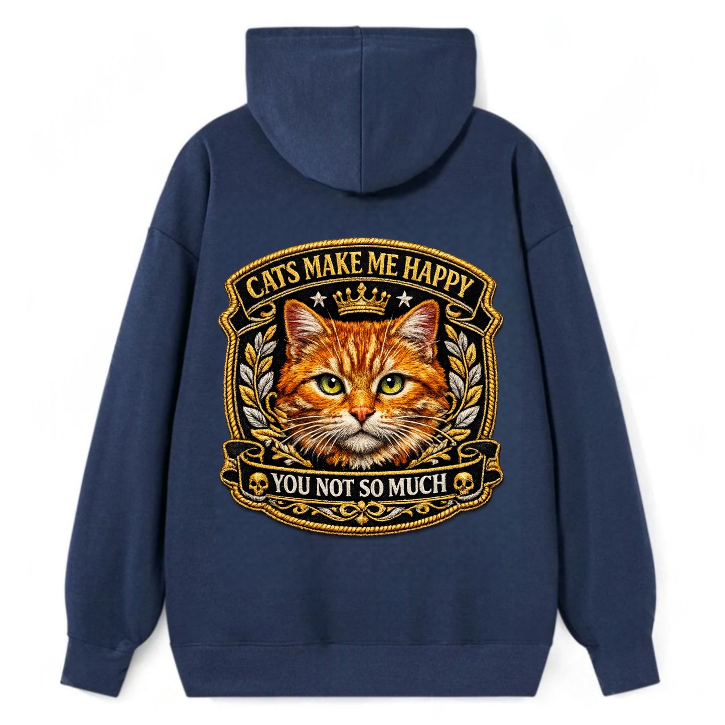 CATS MAKE ME HAPPY YOU NOT SO MUCH - cat face in orange , cat preference - Classic Pullover Hoodie - Navy