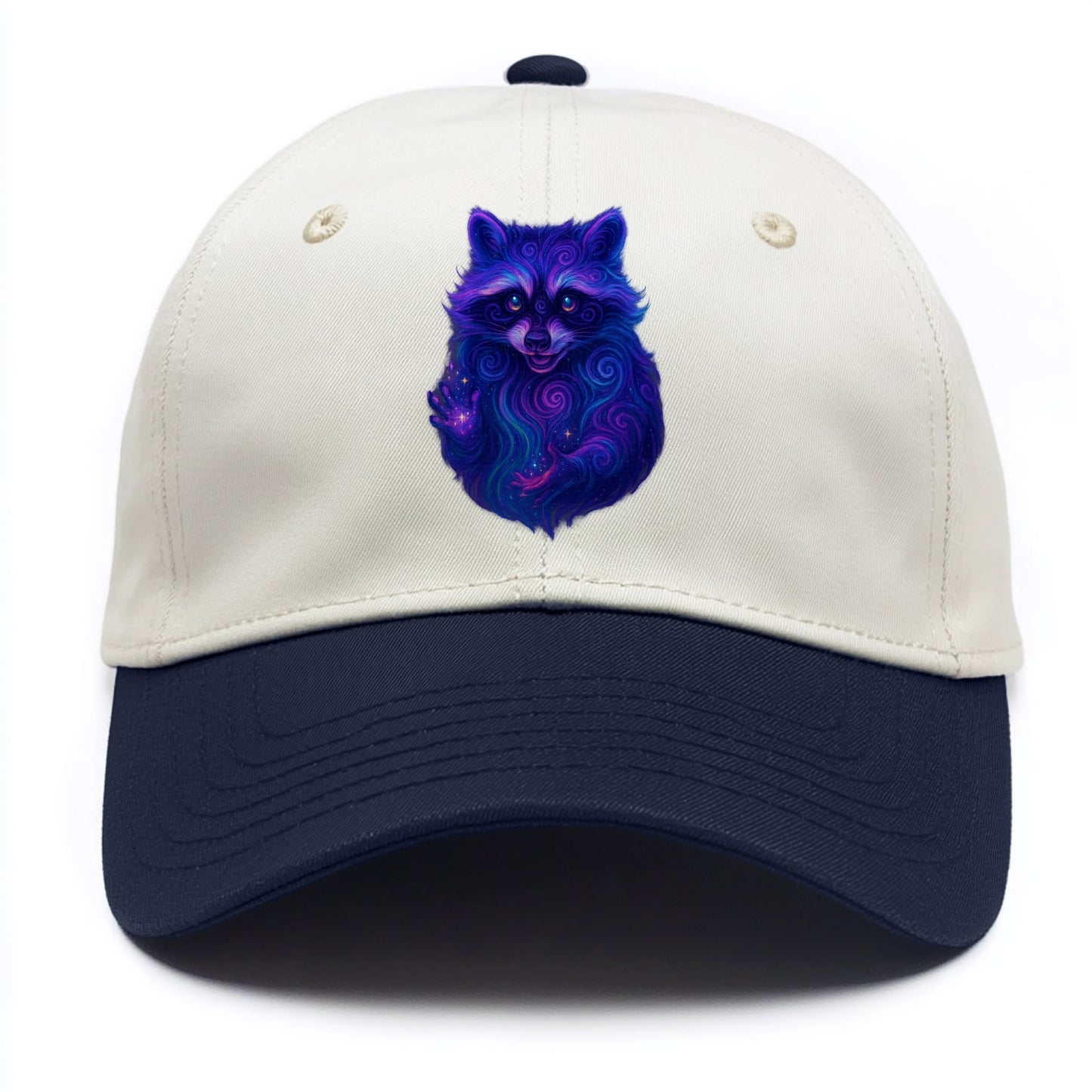 Playful raccoon with mask swirling in hypnotic patterns, neon purple and green fur - Two Tone Cap - Navy