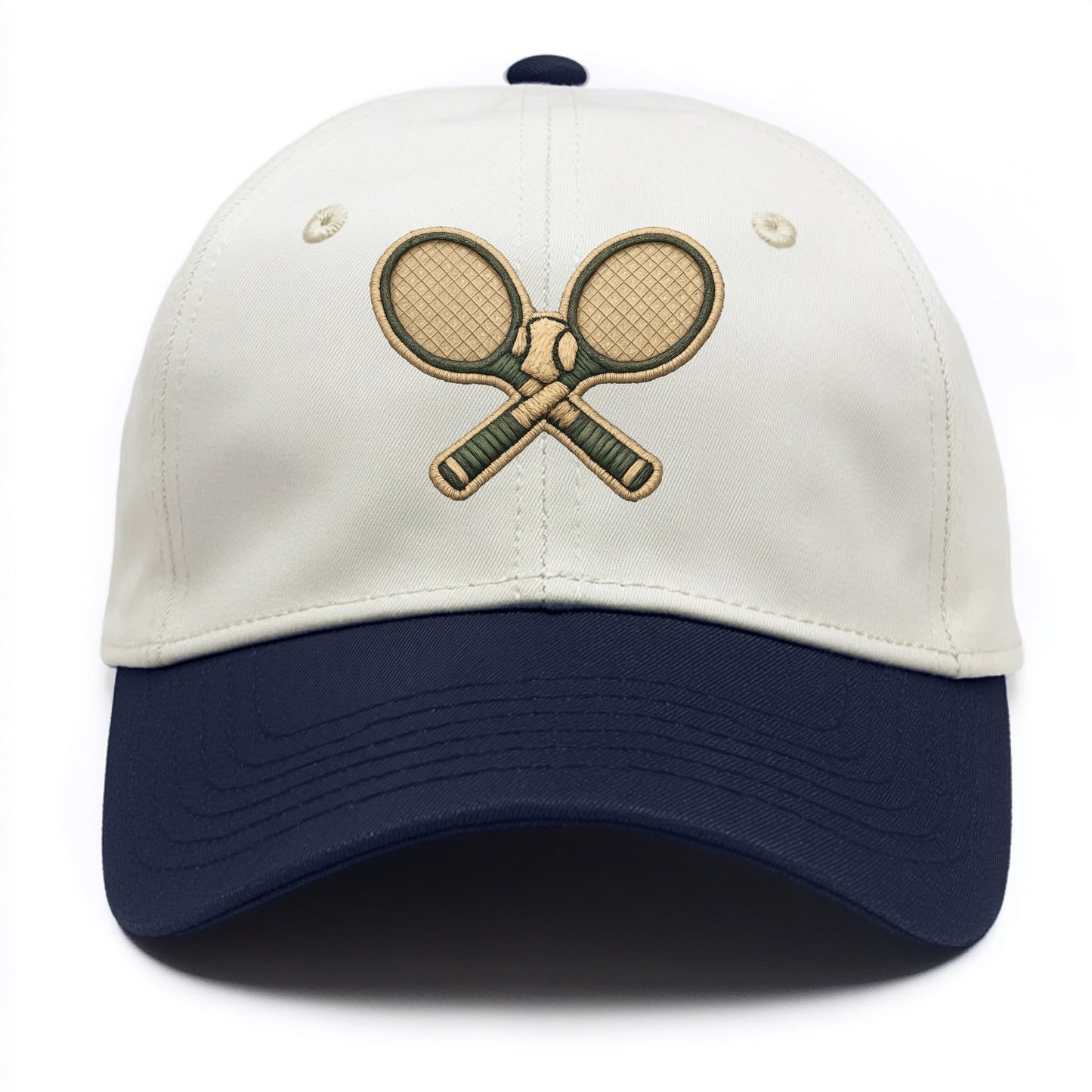 Embroidered patch design - TENNIS RACKET CROSSED - tennis rackets with ball in white - Two Tone Cap - Navy