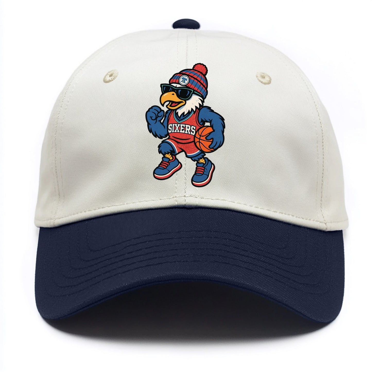 Philadelphia Eagle wearing 76ers red white and blue beanie with bell patch and - Two Tone Cap - Navy