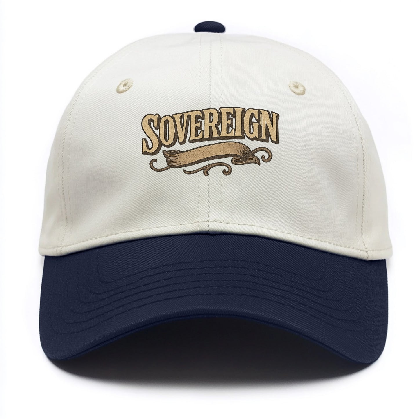 Bold typography design - "SOVEREIGN" - self-ruled, autonomous, in control - Two Tone Cap - Navy