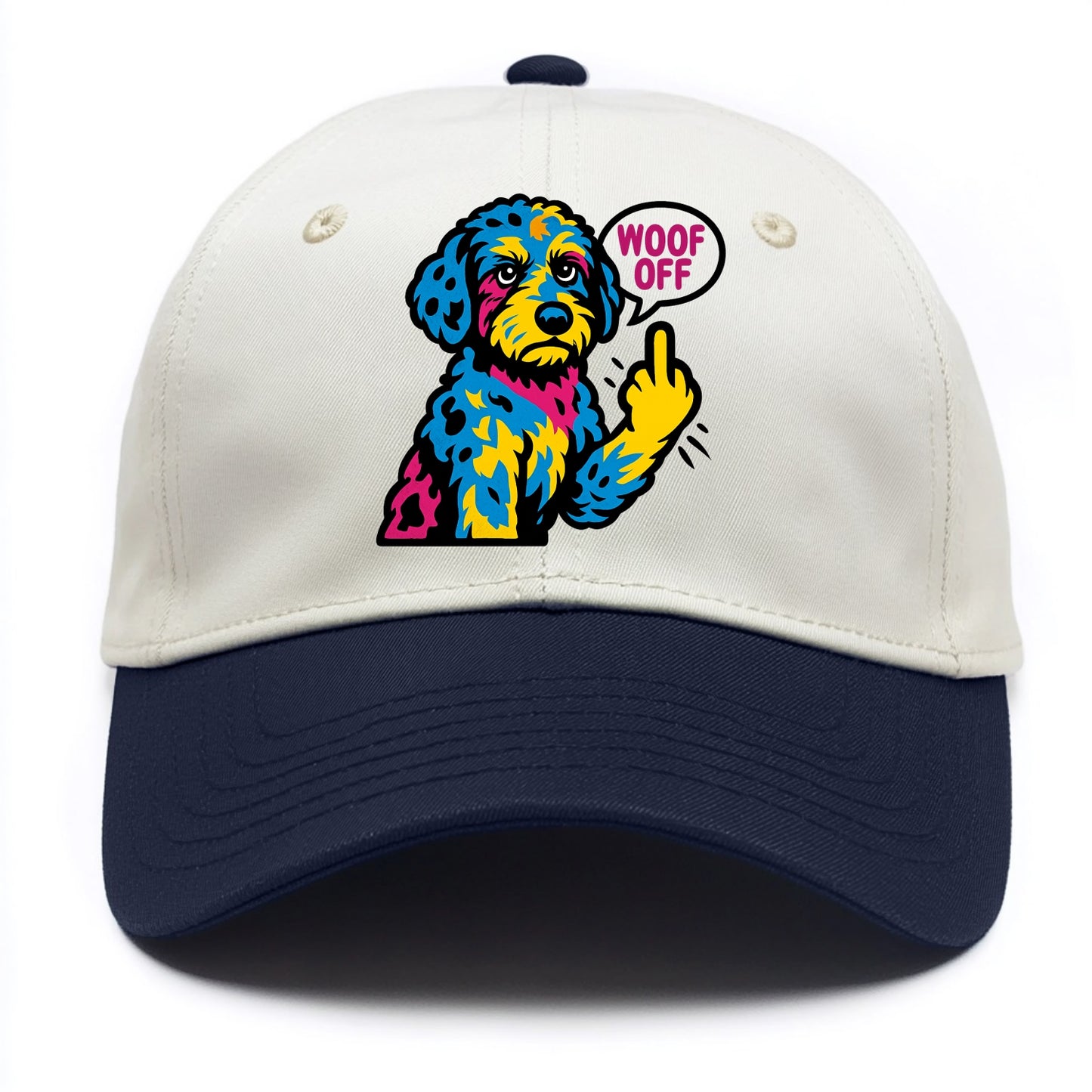 Aussiedoodle with merle patches and curly coat, playful smart paw raised - Two Tone Cap - Navy