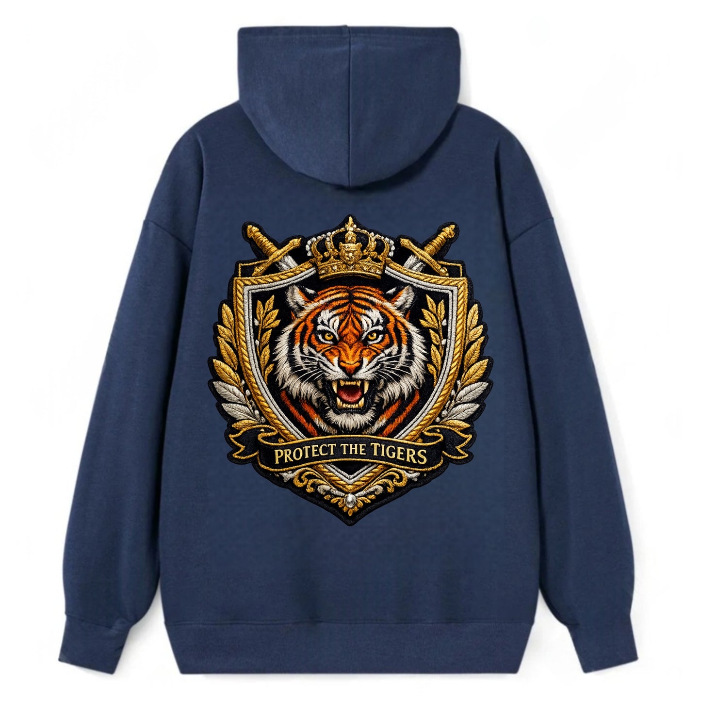 PROTECT THE TIGERS - tiger with shield in orange , big cat conservation - Classic Pullover Hoodie - Navy