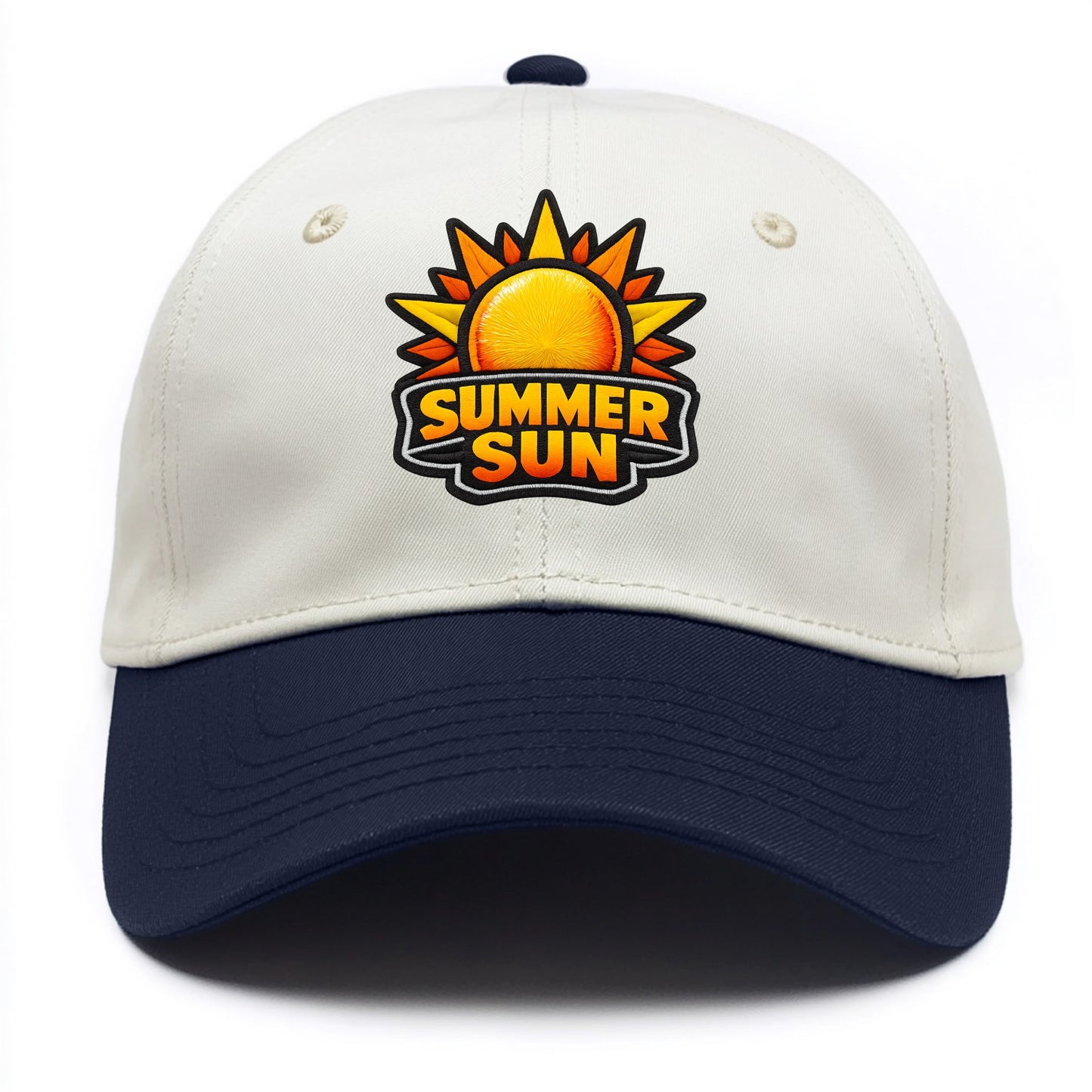 SUMMER SUN - bright sun with rays in yellow and orange , hot season - Two Tone Cap - Navy