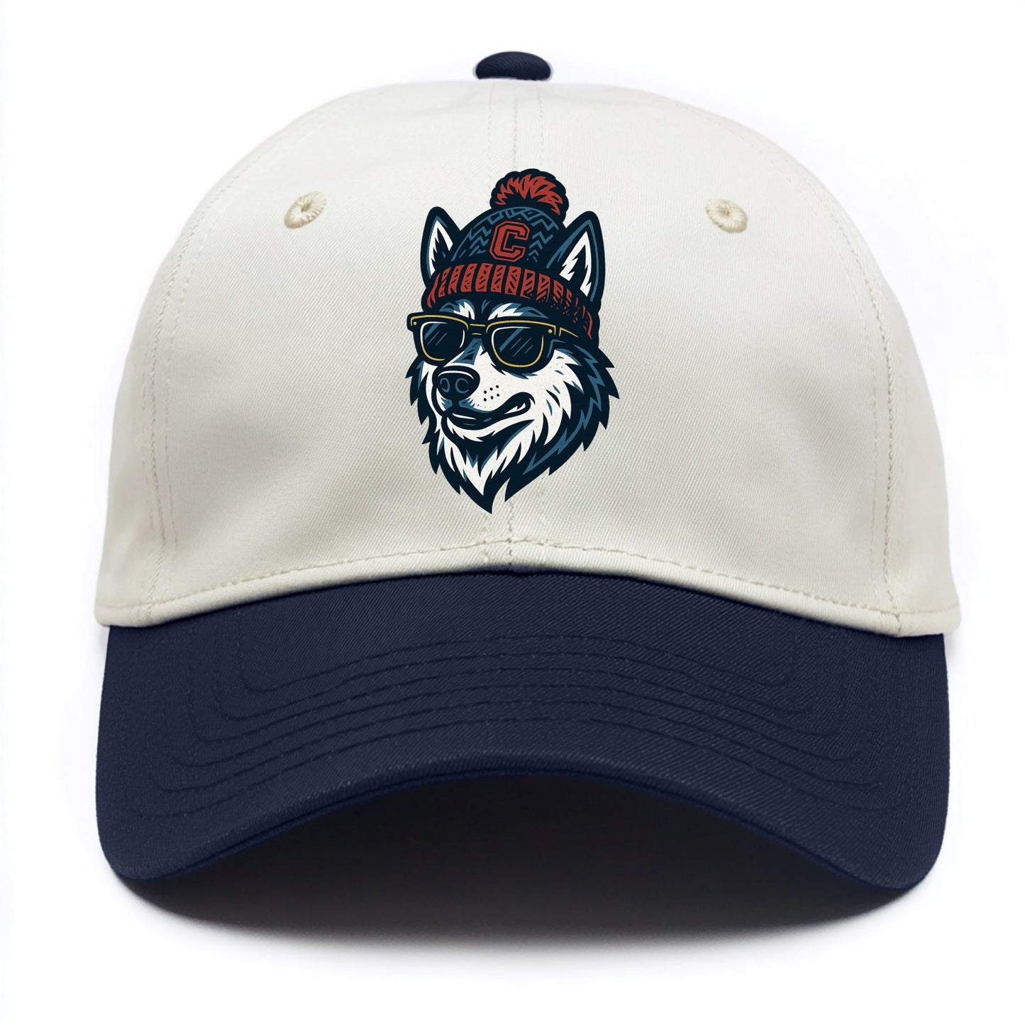 Storrs Husky wearing UConn beanie with C patch - Two Tone Cap - Navy