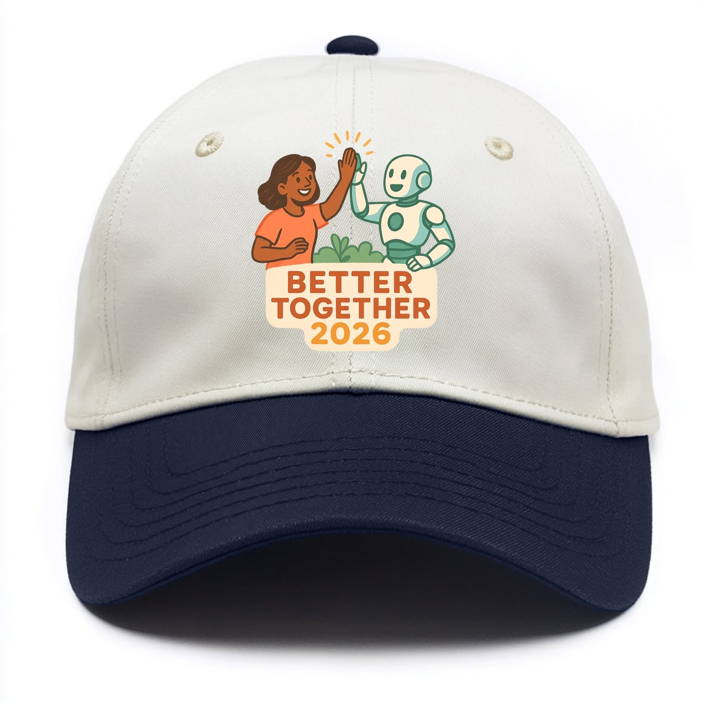Human and AI robot high-fiving as collaborative partners - "Better Together 2026" - - Two Tone Cap - Navy