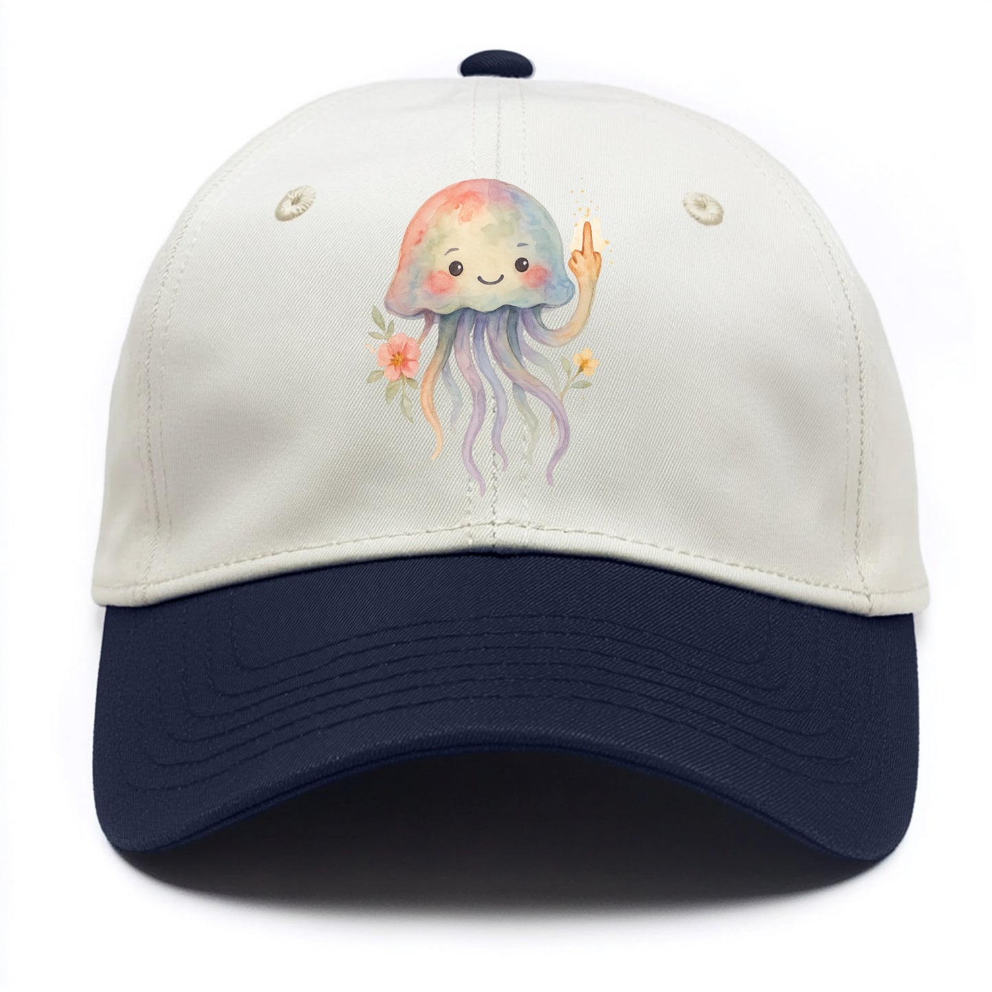 jellyfish with kawaii face and tentacles, one tentacle pointing up defiantly - Two Tone Cap - Navy